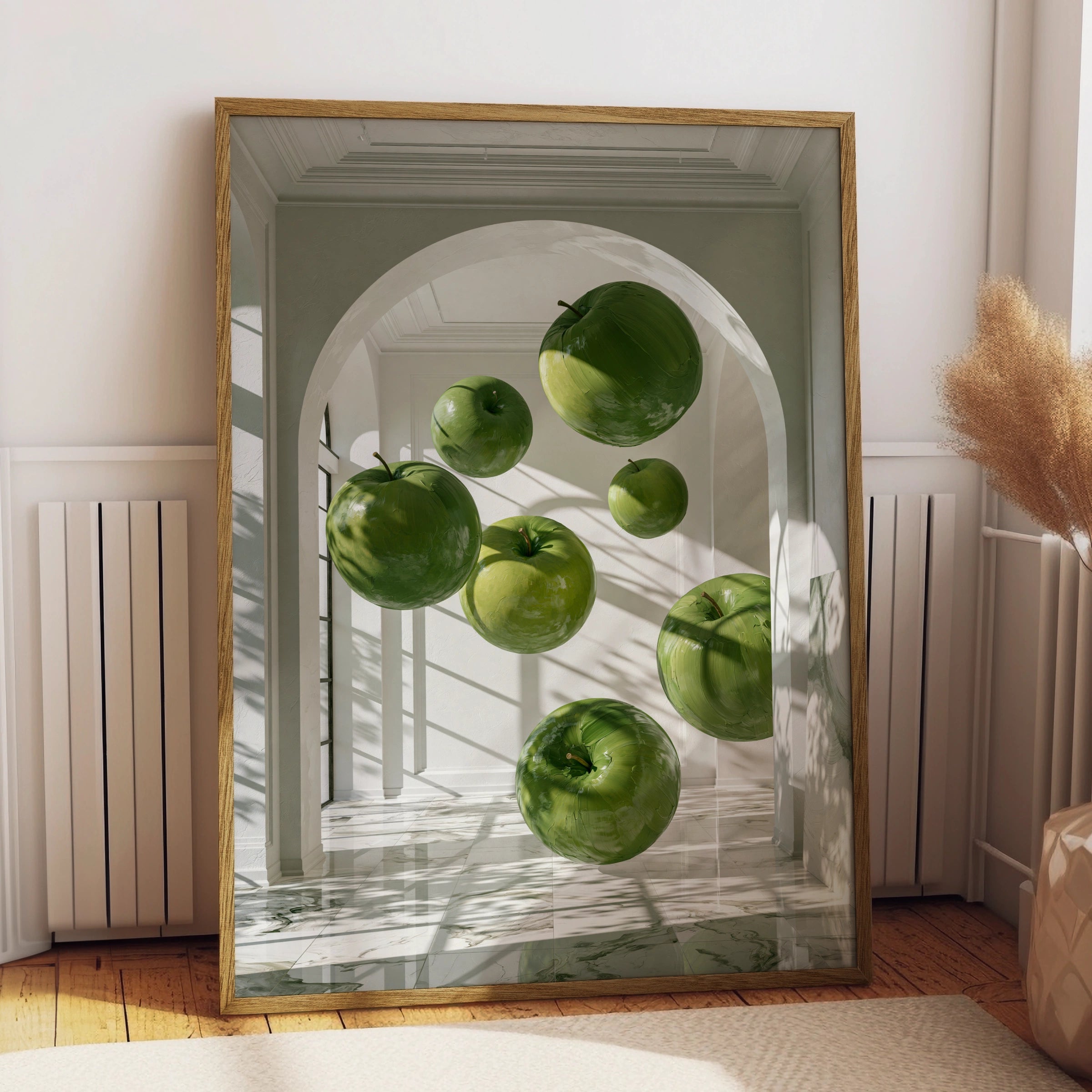 Floating Green Apples Art Print, Surreal Interior Poster, Modern Wall Art