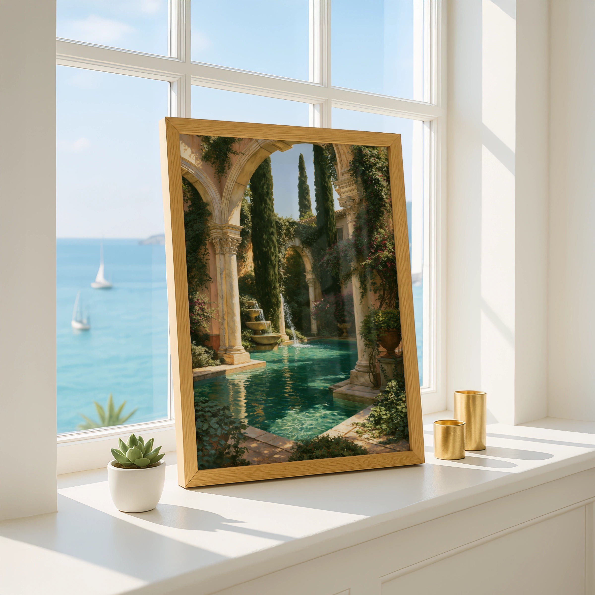 Roman Pool Garden Poster, Classical Courtyard Art Print, Mediterranean Style