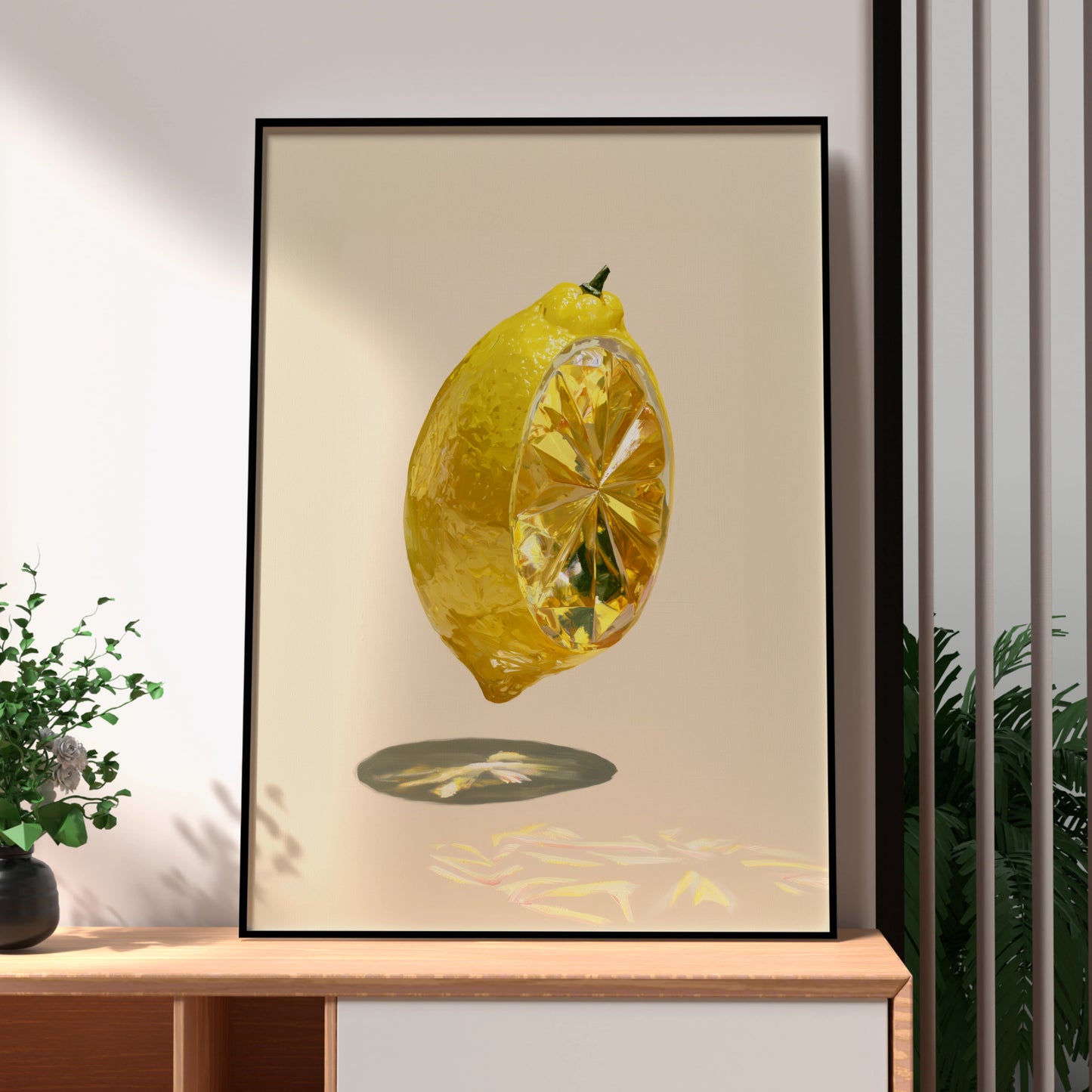 Crystal Lemon Poster, Surreal Fruit Art Print, Yellow Minimalist Wall Art