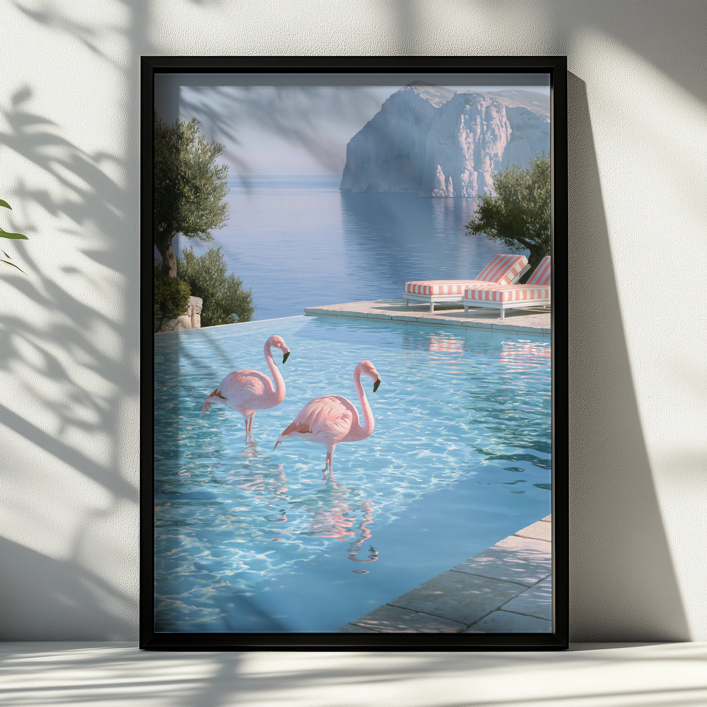 Flamingos in Infinity Pool, Mediterranean Cliff View, Wall Art Poster