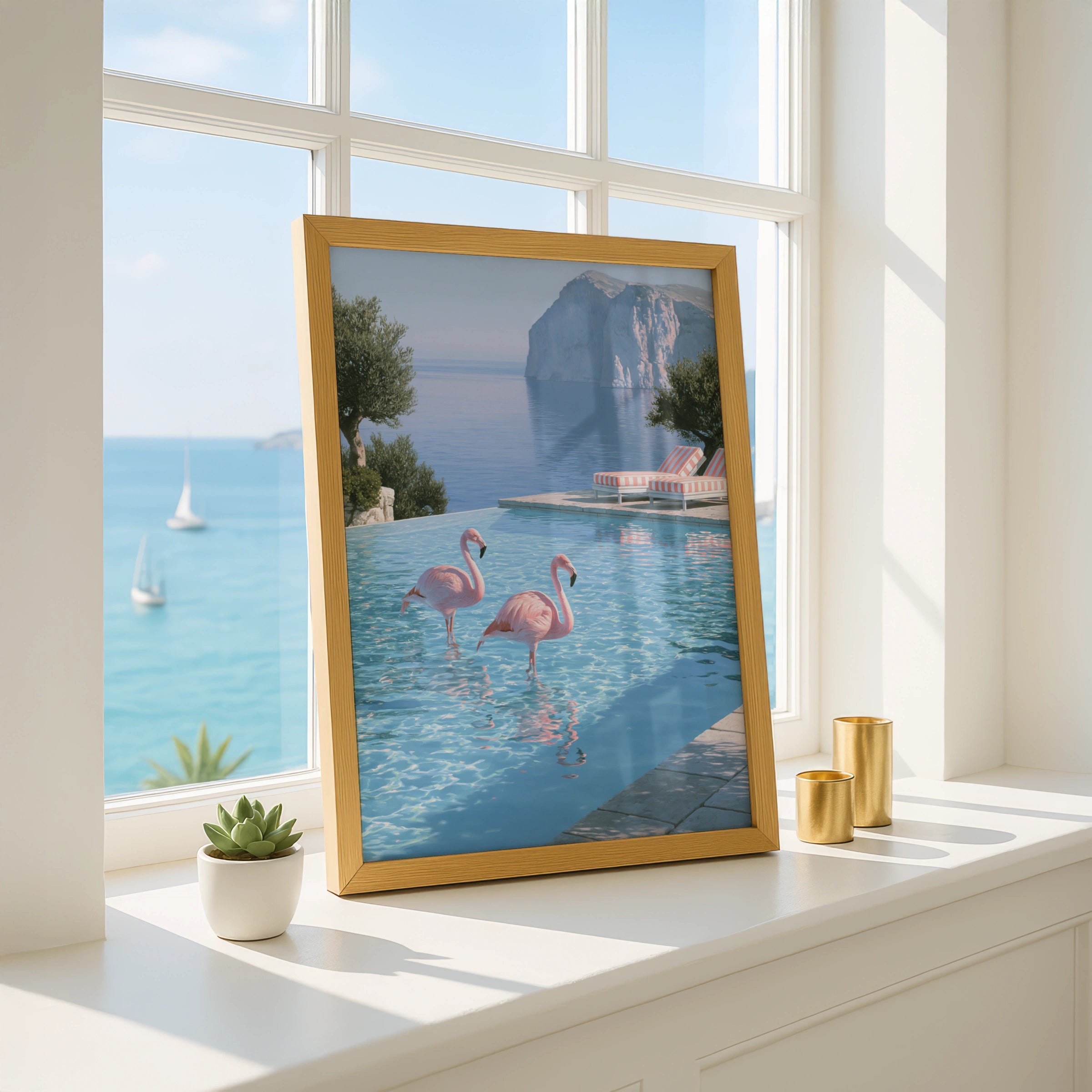 Flamingos in Infinity Pool, Mediterranean Cliff View, Wall Art Poster