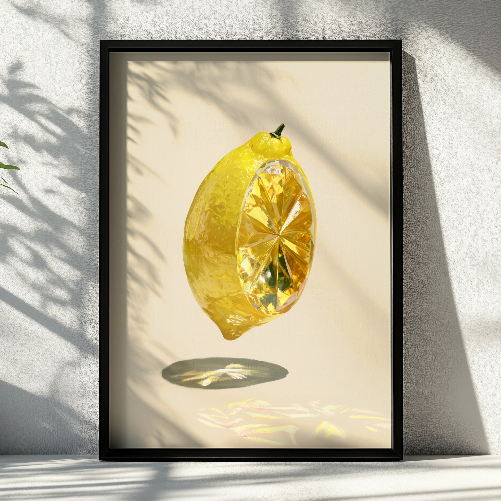 Crystal Lemon Poster, Surreal Fruit Art Print, Yellow Minimalist Wall Art