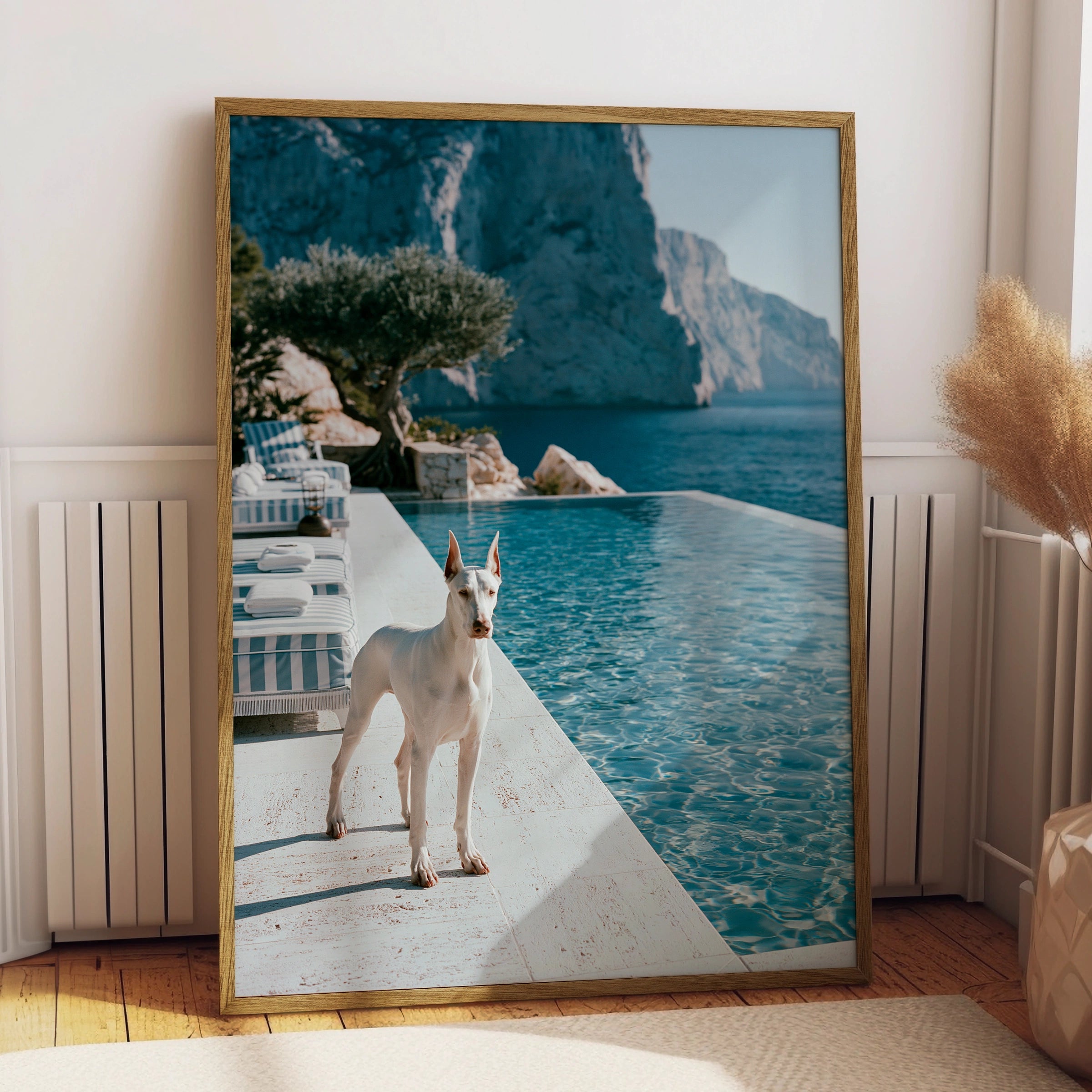 Dobermann Infinity Pool Poster, White Dog Mediterranean Cliffs, Luxury Print
