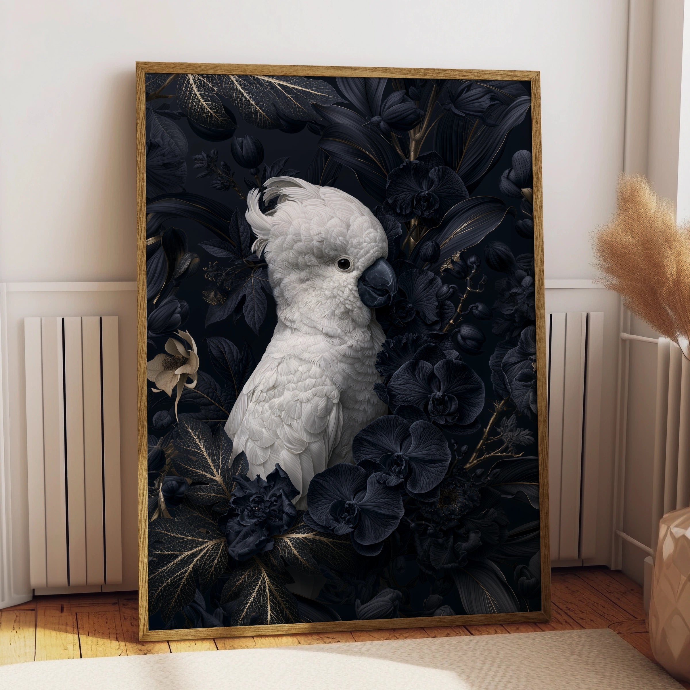 White Cockatoo Poster, Dark Floral Bird Print, Moody Botanical Wall Art