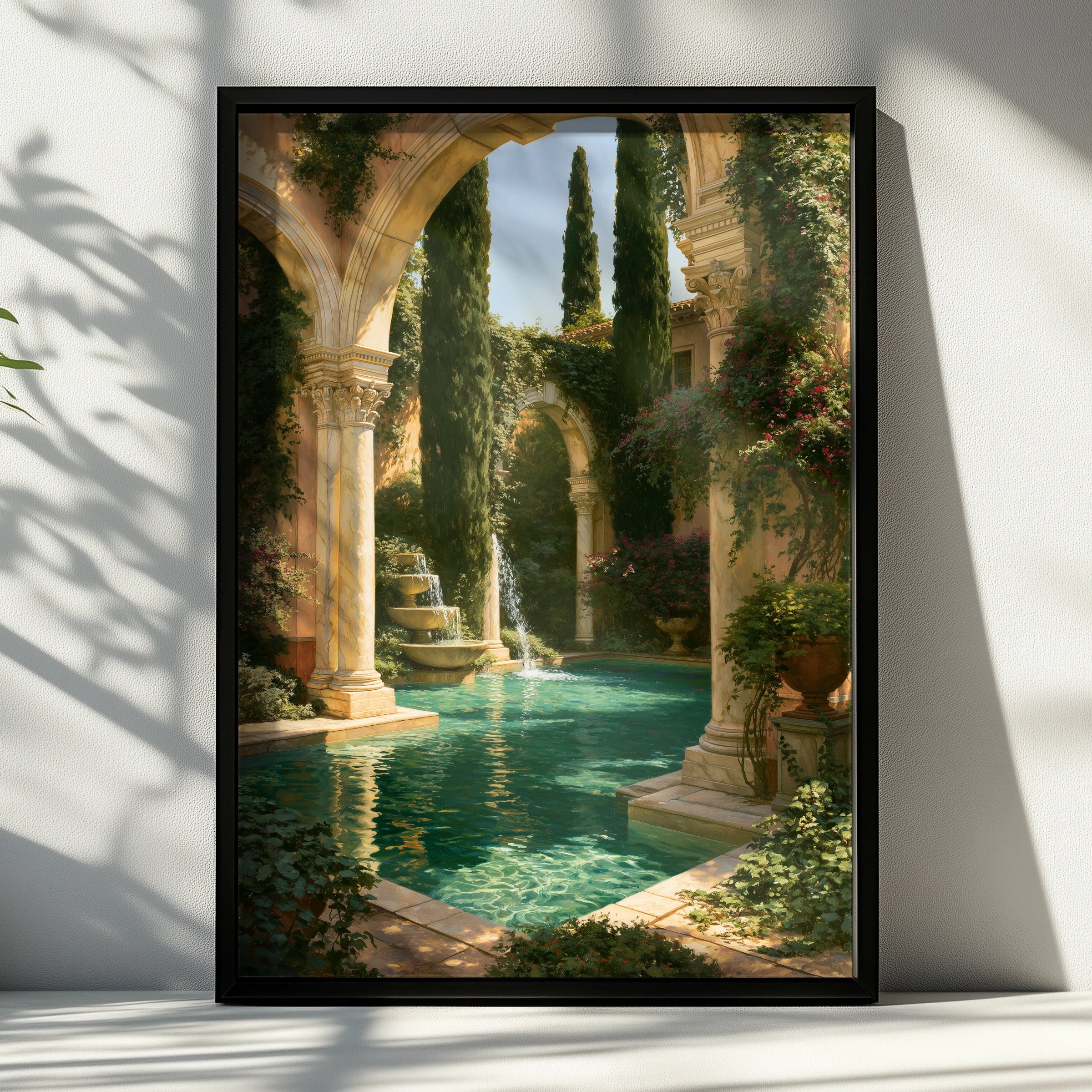 Roman Pool Garden Poster, Classical Courtyard Art Print, Mediterranean Style
