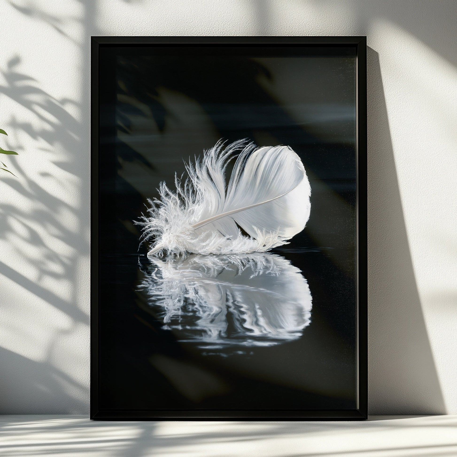 White Feather Reflection Wall Art Poster, Dark Moody Nature Print