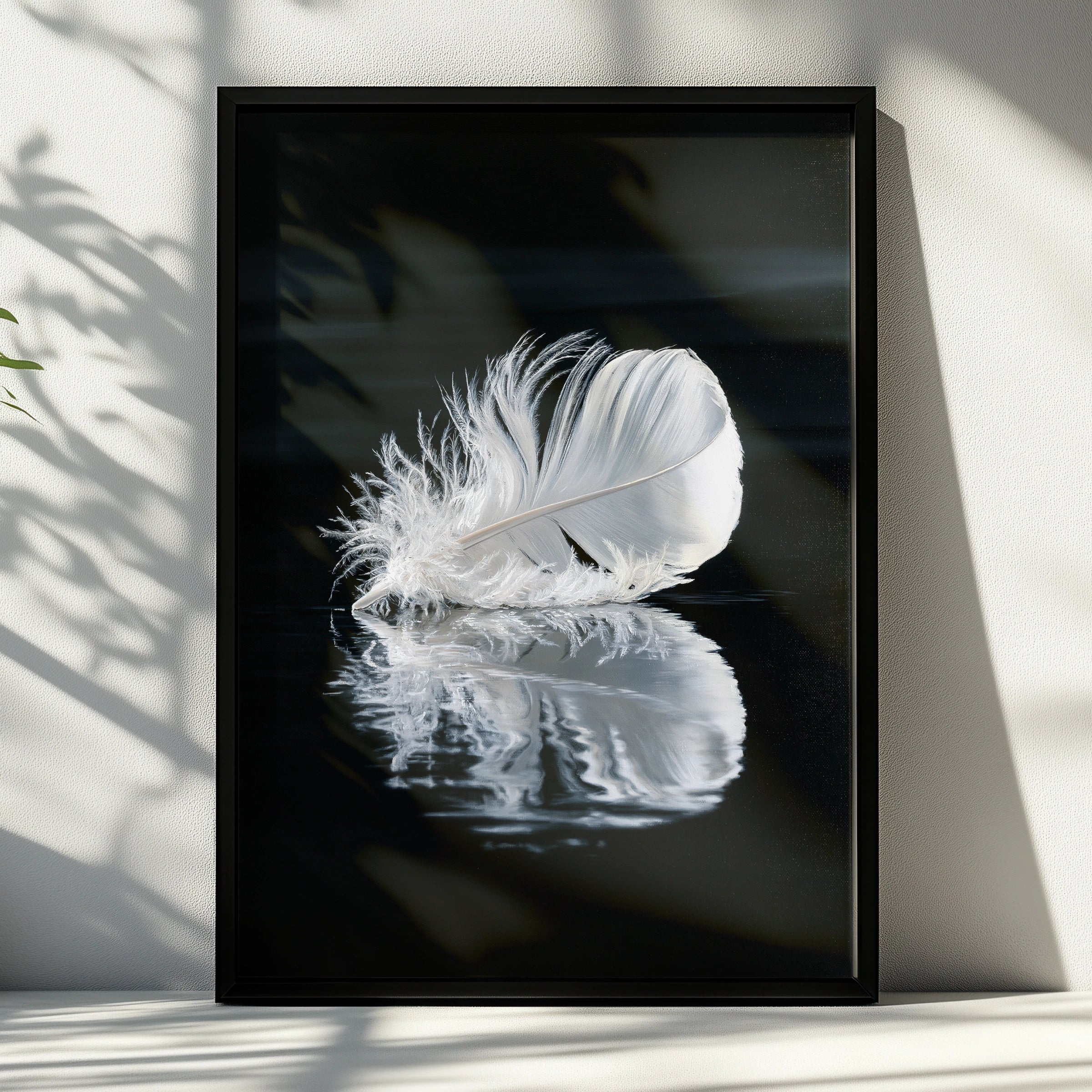 White Feather Reflection Wall Art Poster, Dark Moody Nature Print