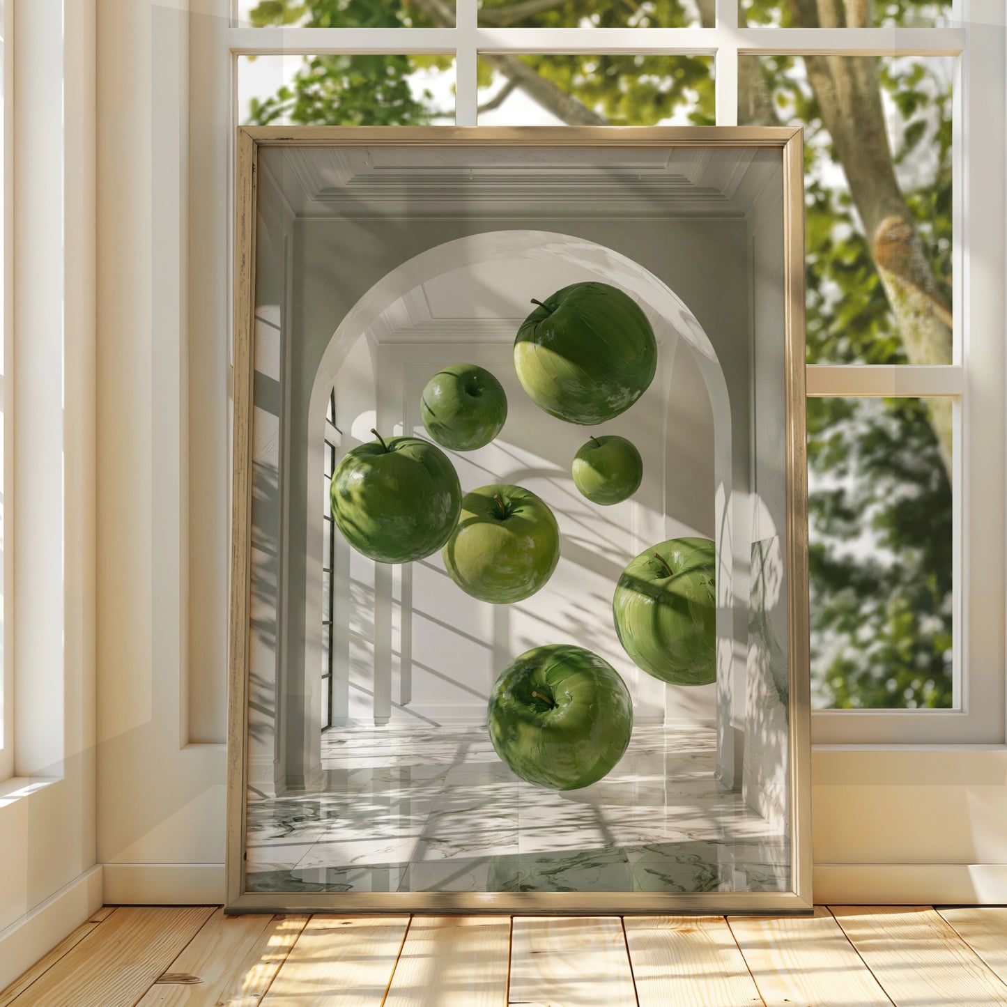 Floating Green Apples Art Print, Surreal Interior Poster, Modern Wall Art
