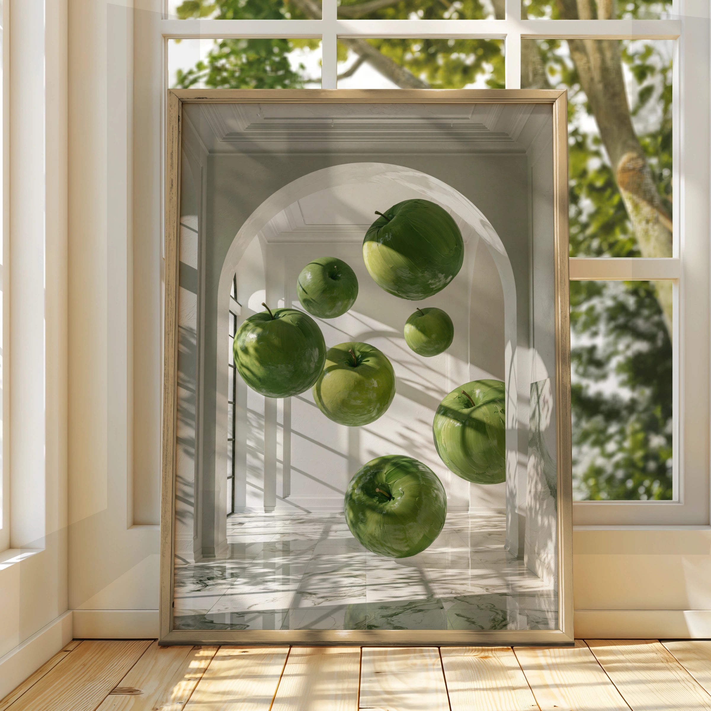Floating Green Apples Art Print, Surreal Interior Poster, Modern Wall Art