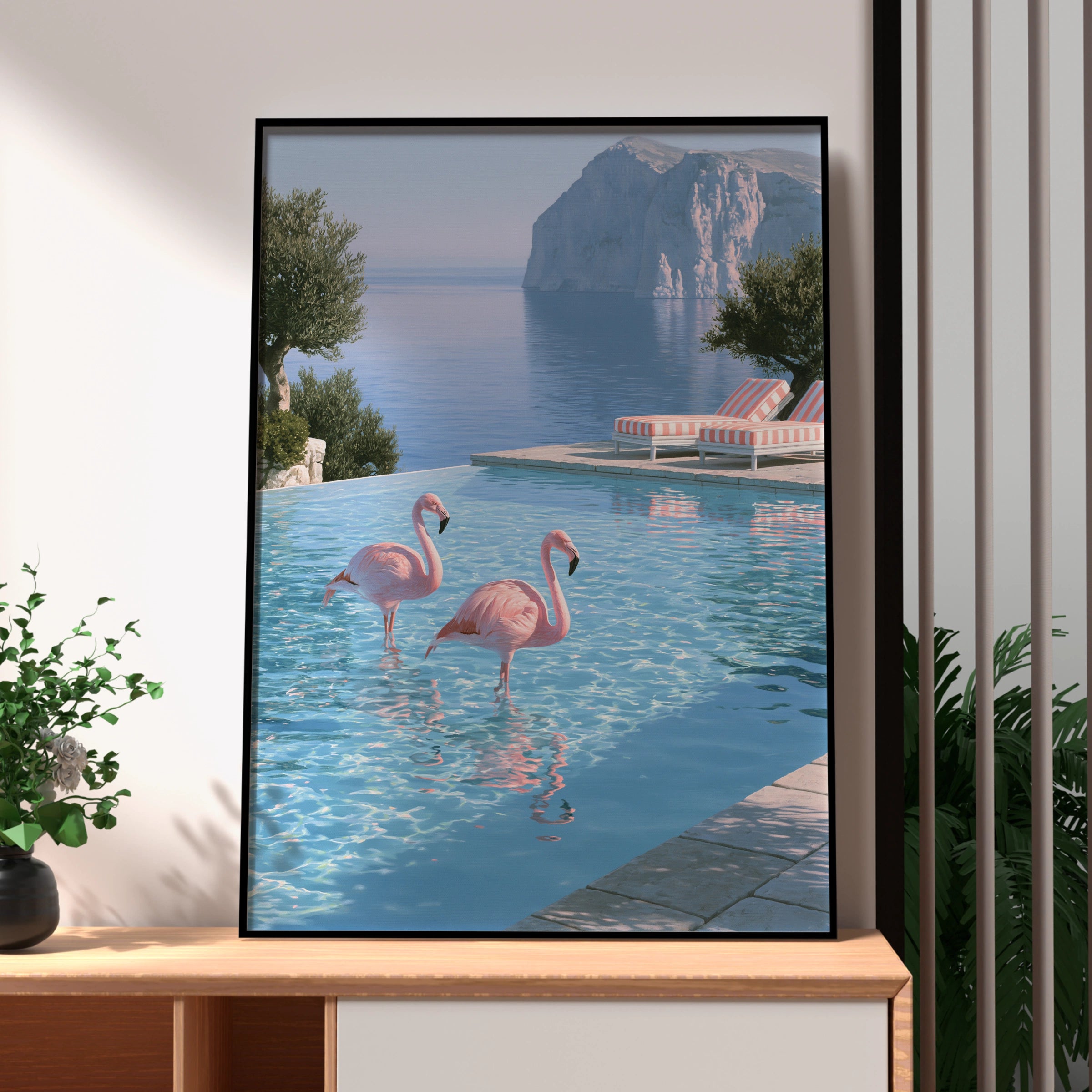 Flamingos in Infinity Pool, Mediterranean Cliff View, Wall Art Poster