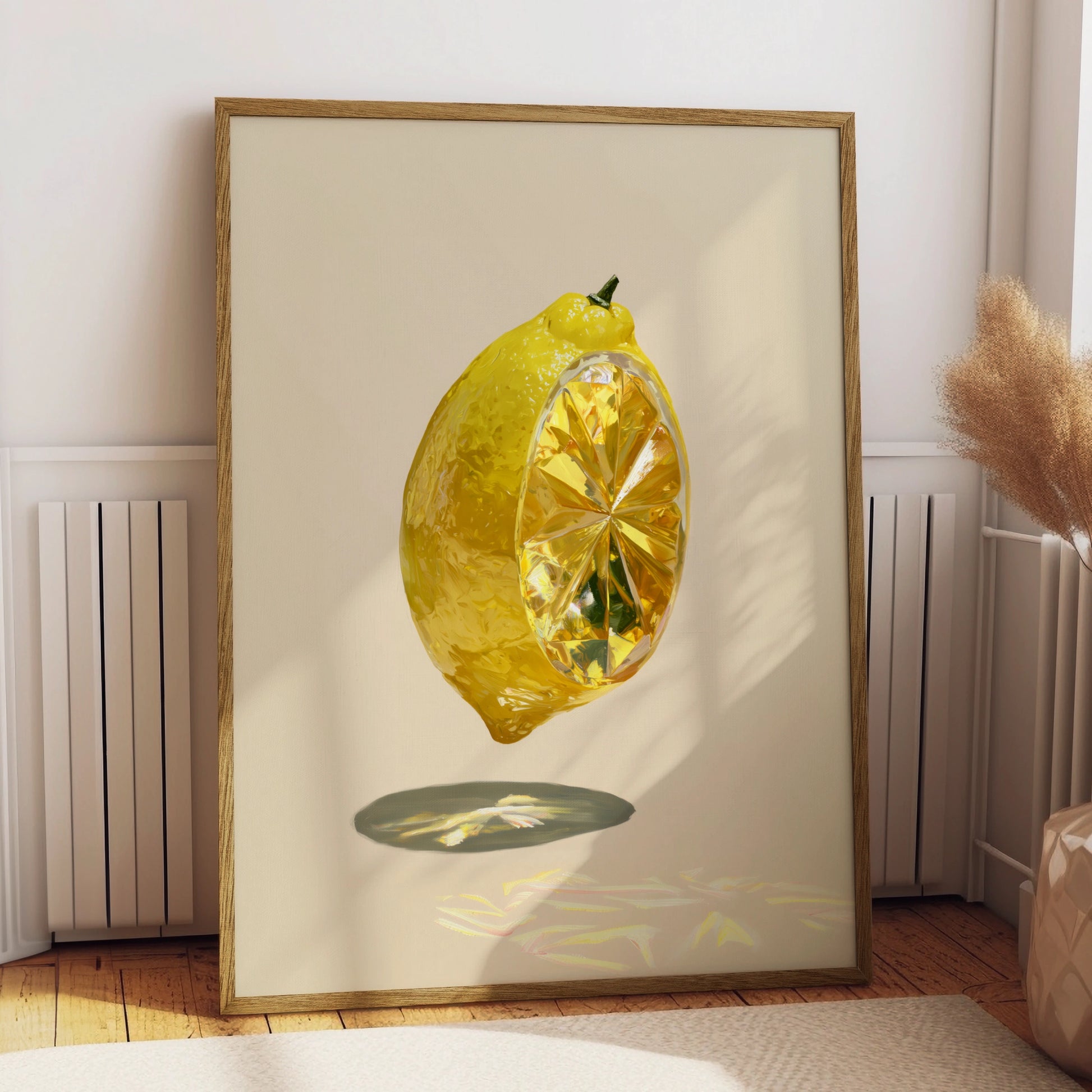 Crystal Lemon Poster, Surreal Fruit Art Print, Yellow Minimalist Wall Art