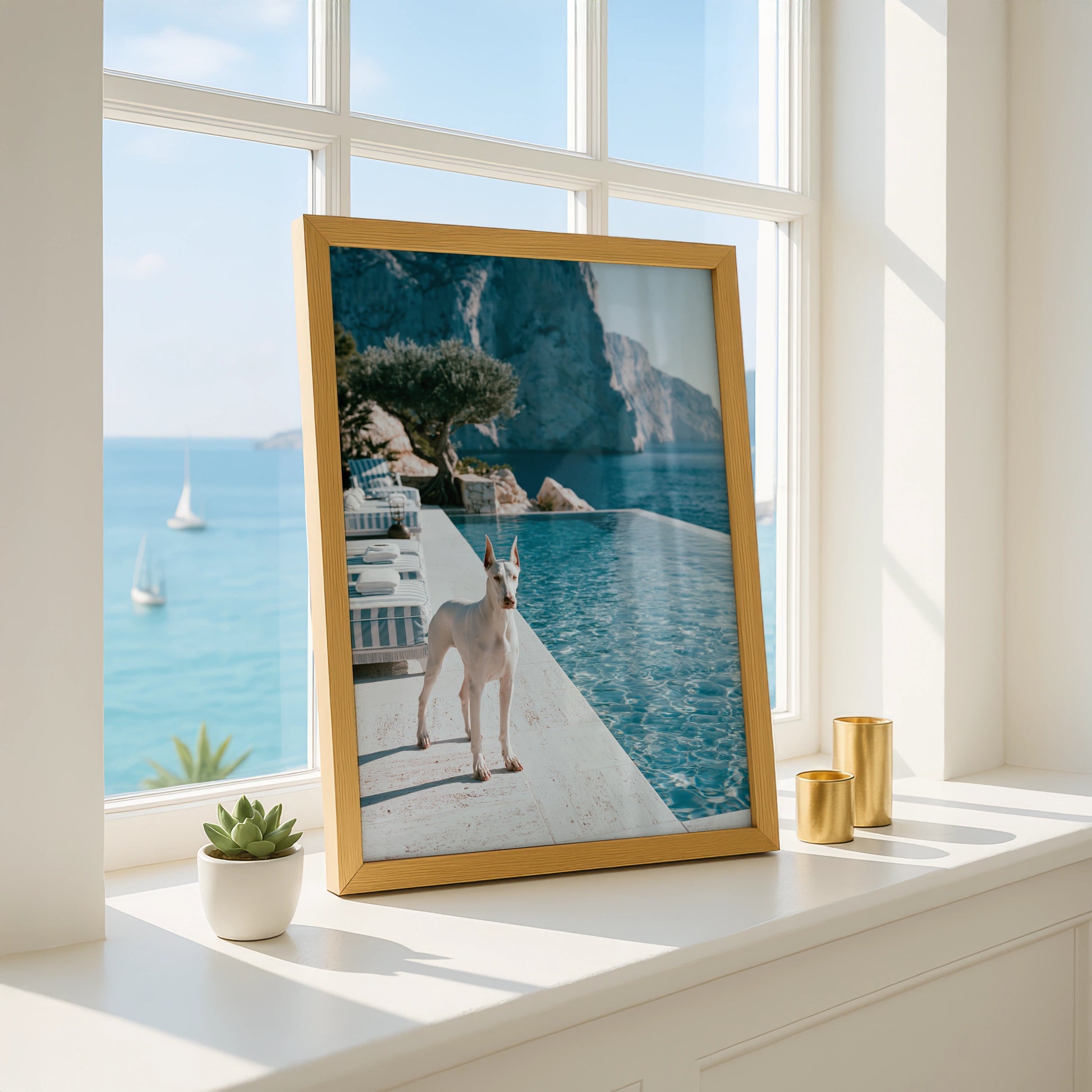 Dobermann Infinity Pool Poster, White Dog Mediterranean Cliffs, Luxury Print