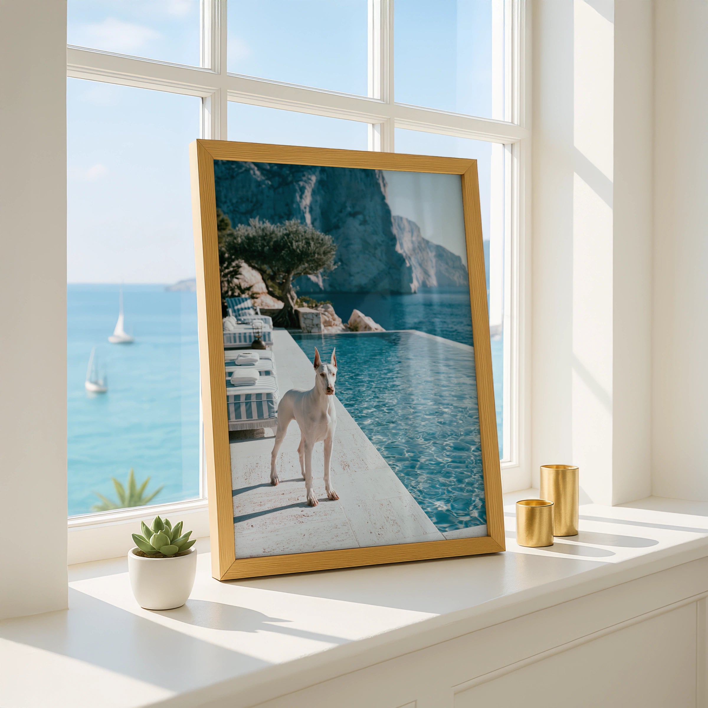 Dobermann Infinity Pool Poster, White Dog Mediterranean Cliffs, Luxury Print