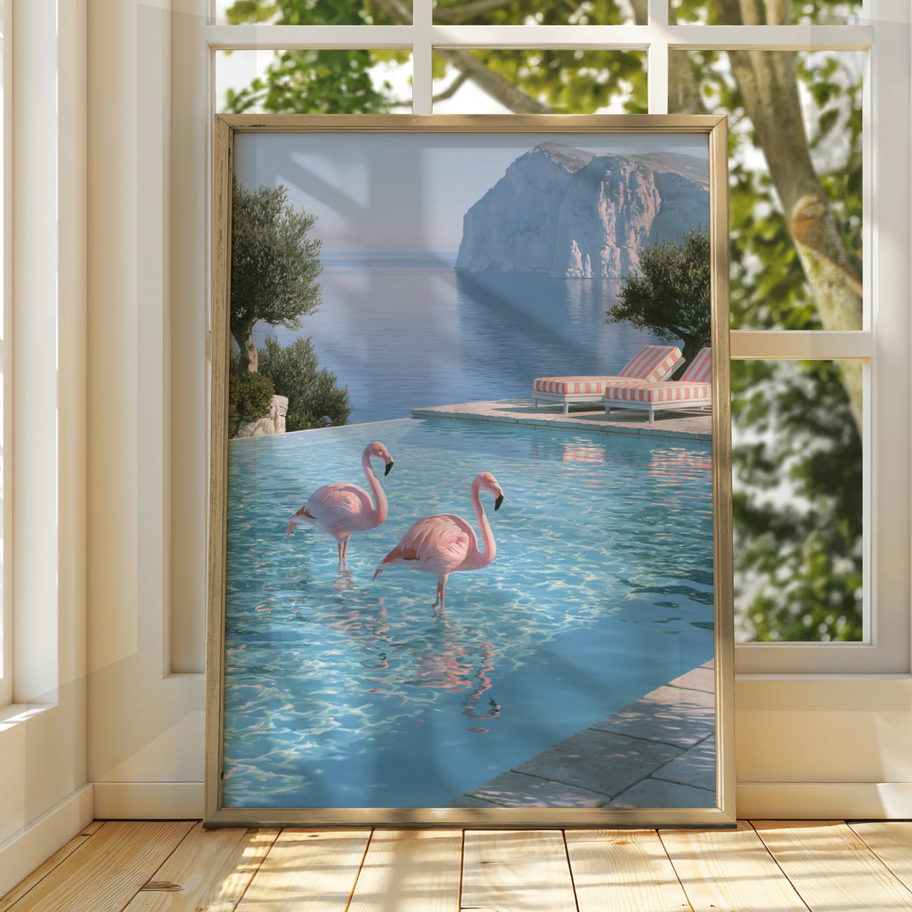 Flamingos in Infinity Pool, Mediterranean Cliff View, Wall Art Poster