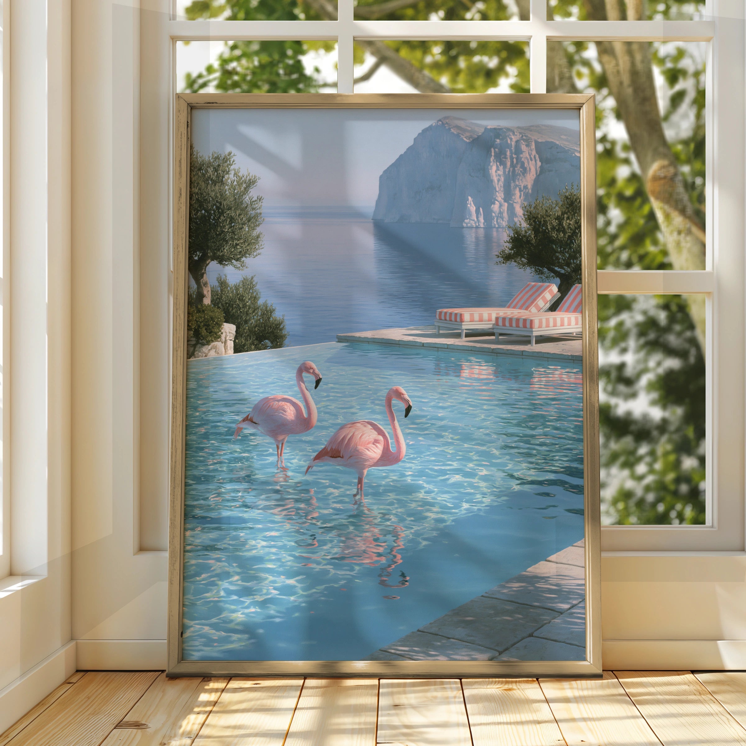 Flamingos in Infinity Pool, Mediterranean Cliff View, Wall Art Poster