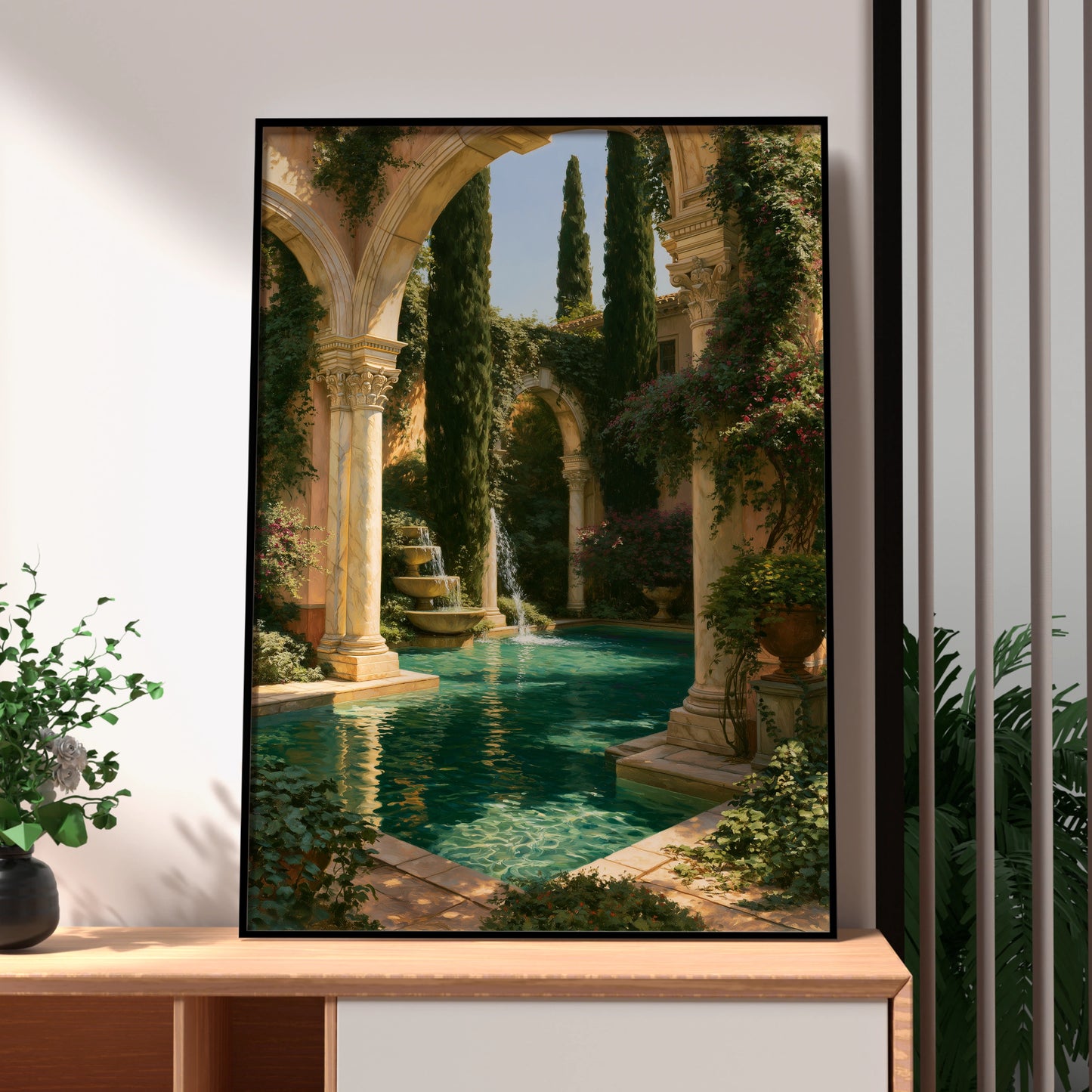 Roman Pool Garden Poster, Classical Courtyard Art Print, Mediterranean Style