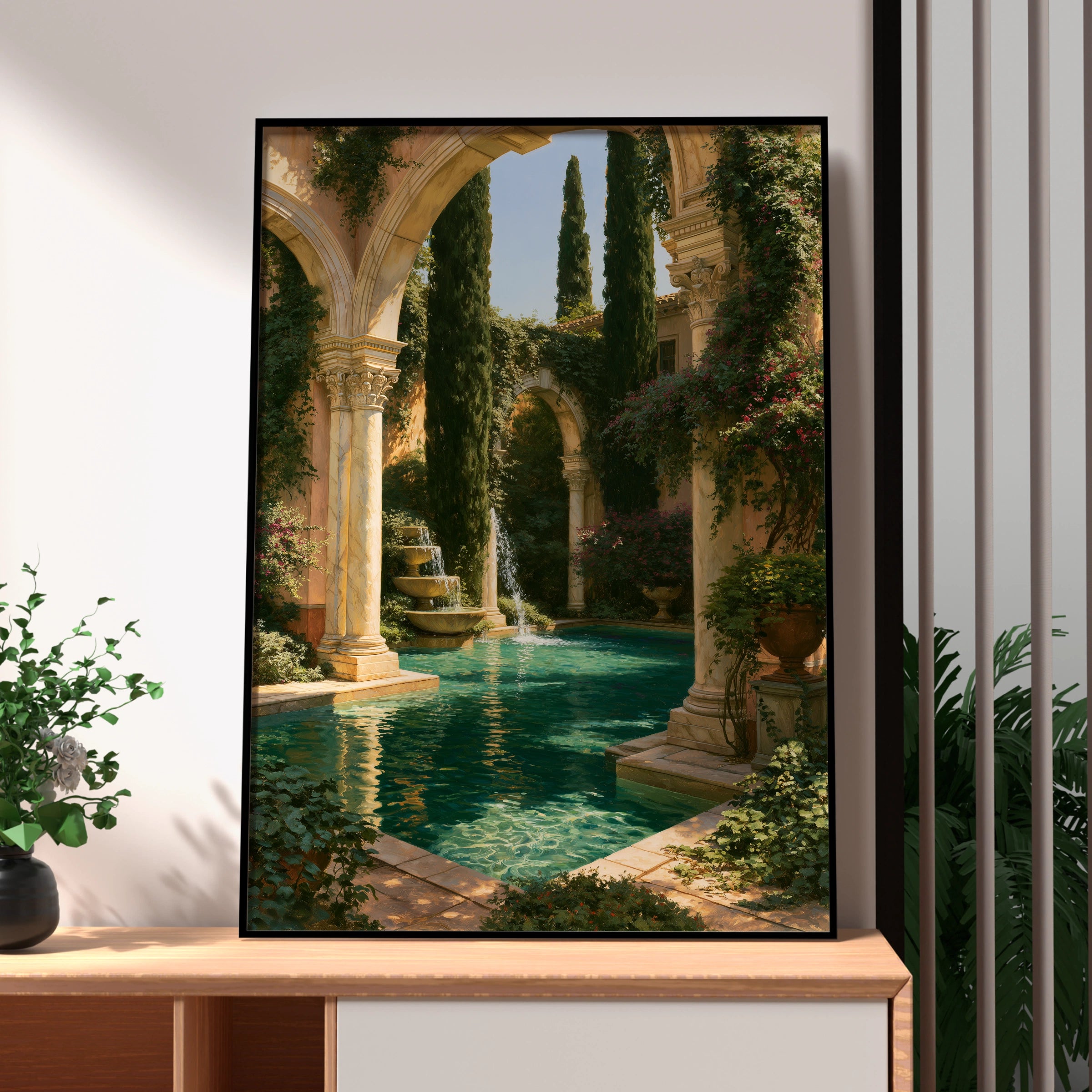 Roman Pool Garden Poster, Classical Courtyard Art Print, Mediterranean Style