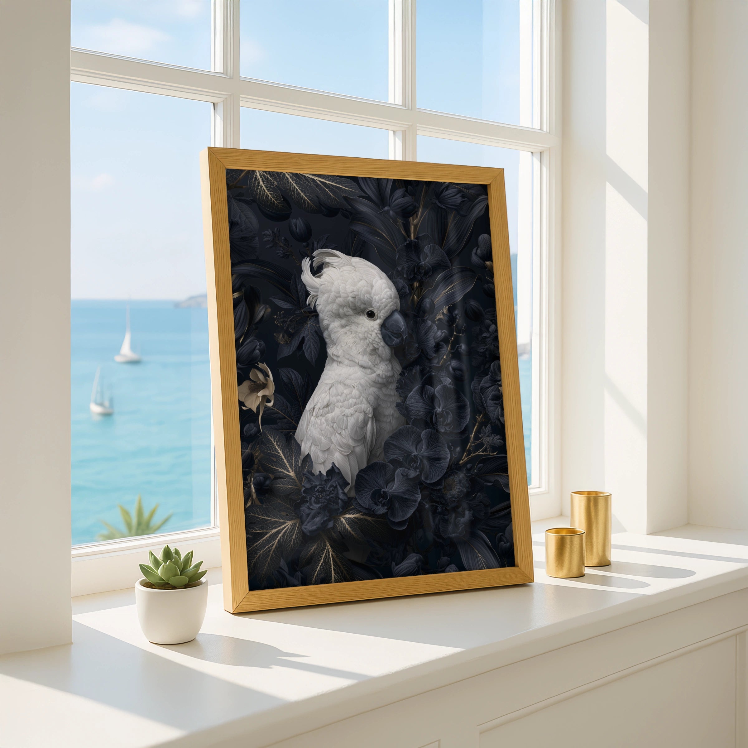 White Cockatoo Poster, Dark Floral Bird Print, Moody Botanical Wall Art