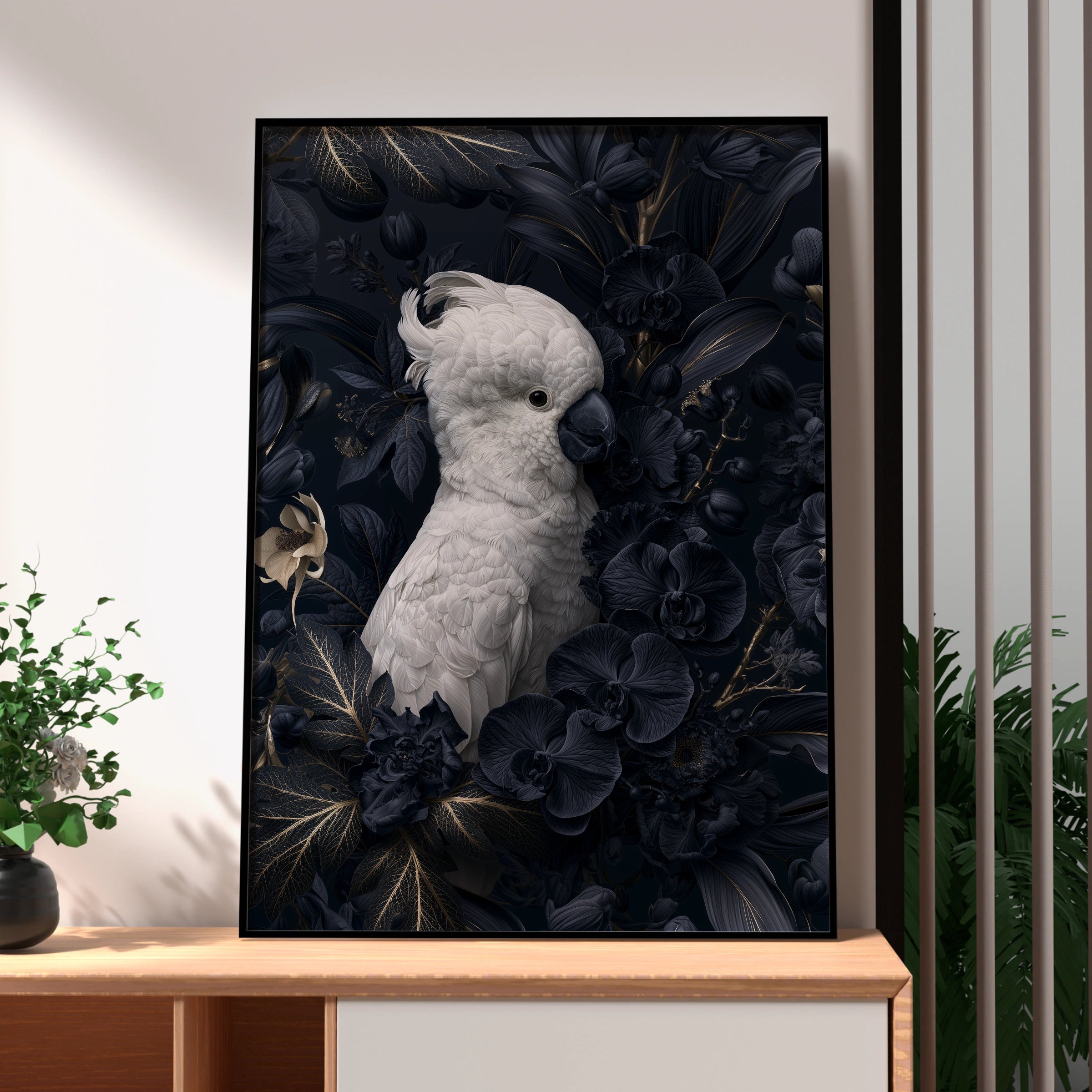 White Cockatoo Poster, Dark Floral Bird Print, Moody Botanical Wall Art