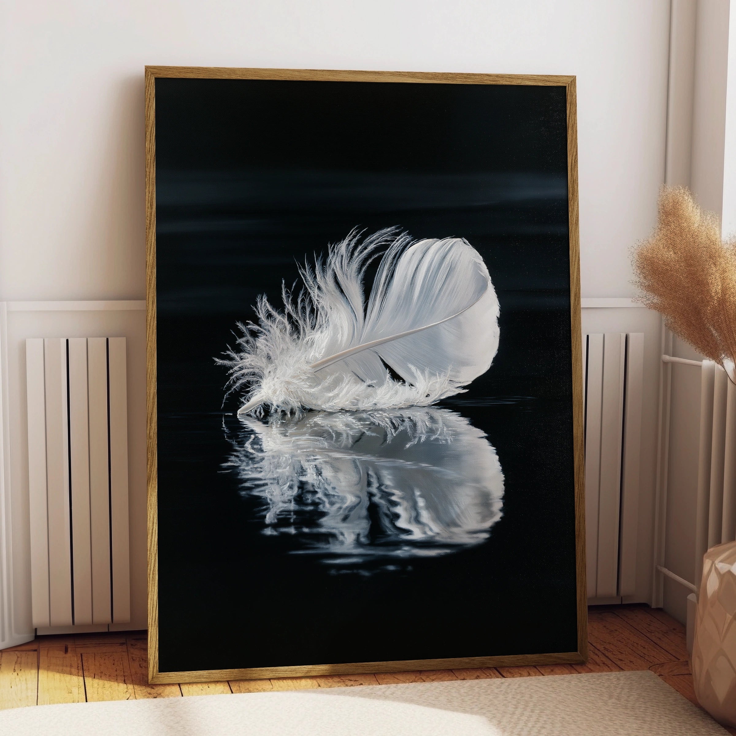 White Feather Reflection Wall Art Poster, Dark Moody Nature Print