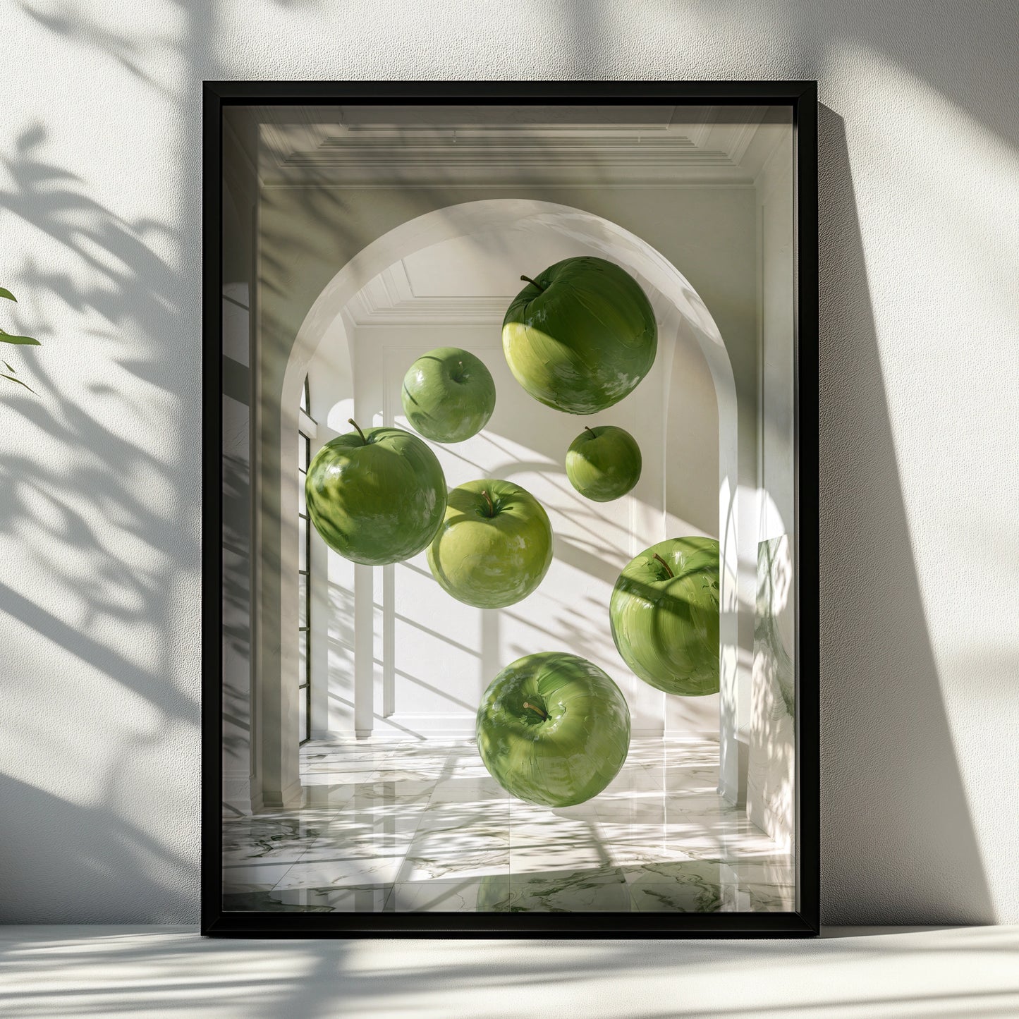 Floating Green Apples Art Print, Surreal Interior Poster, Modern Wall Art