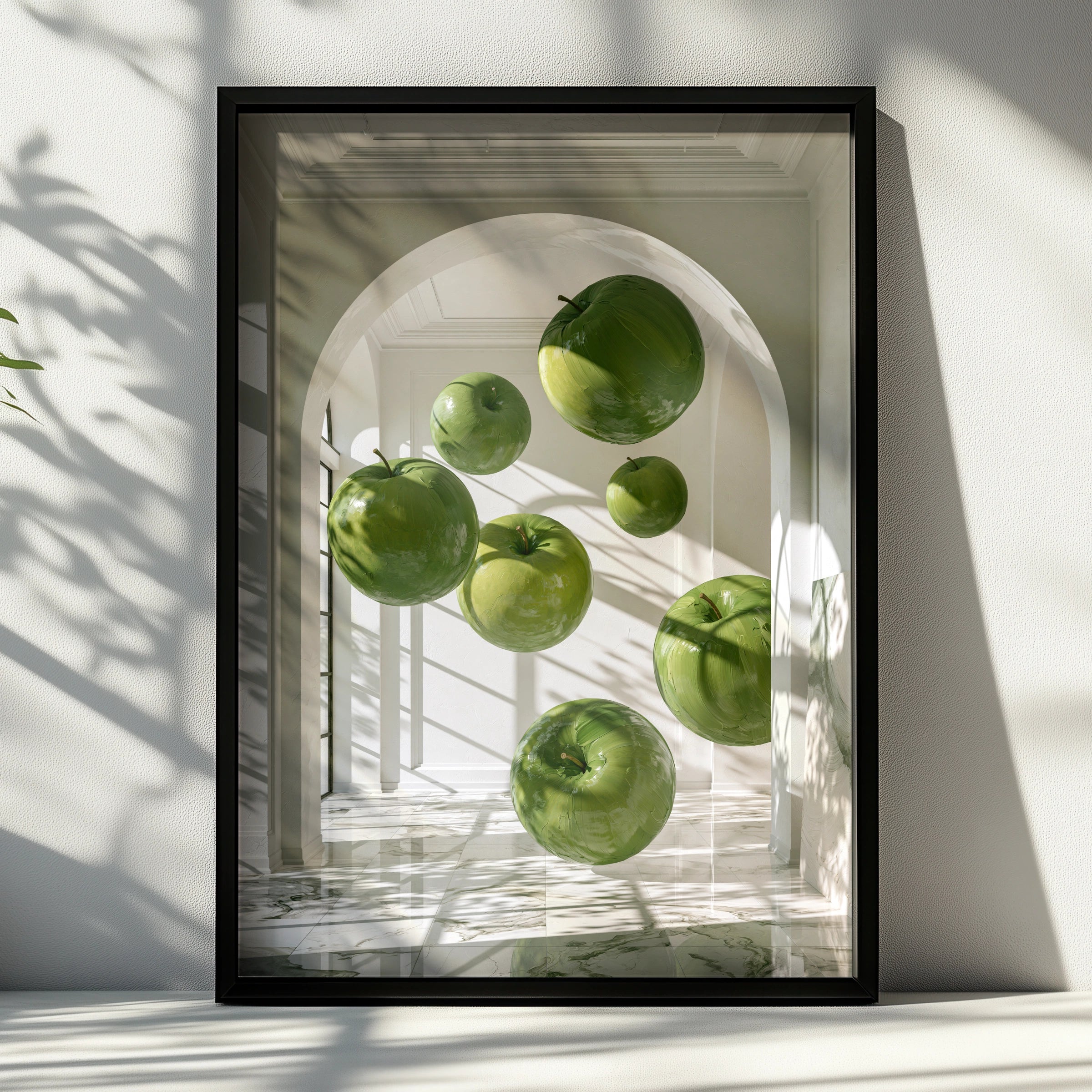 Floating Green Apples Art Print, Surreal Interior Poster, Modern Wall Art