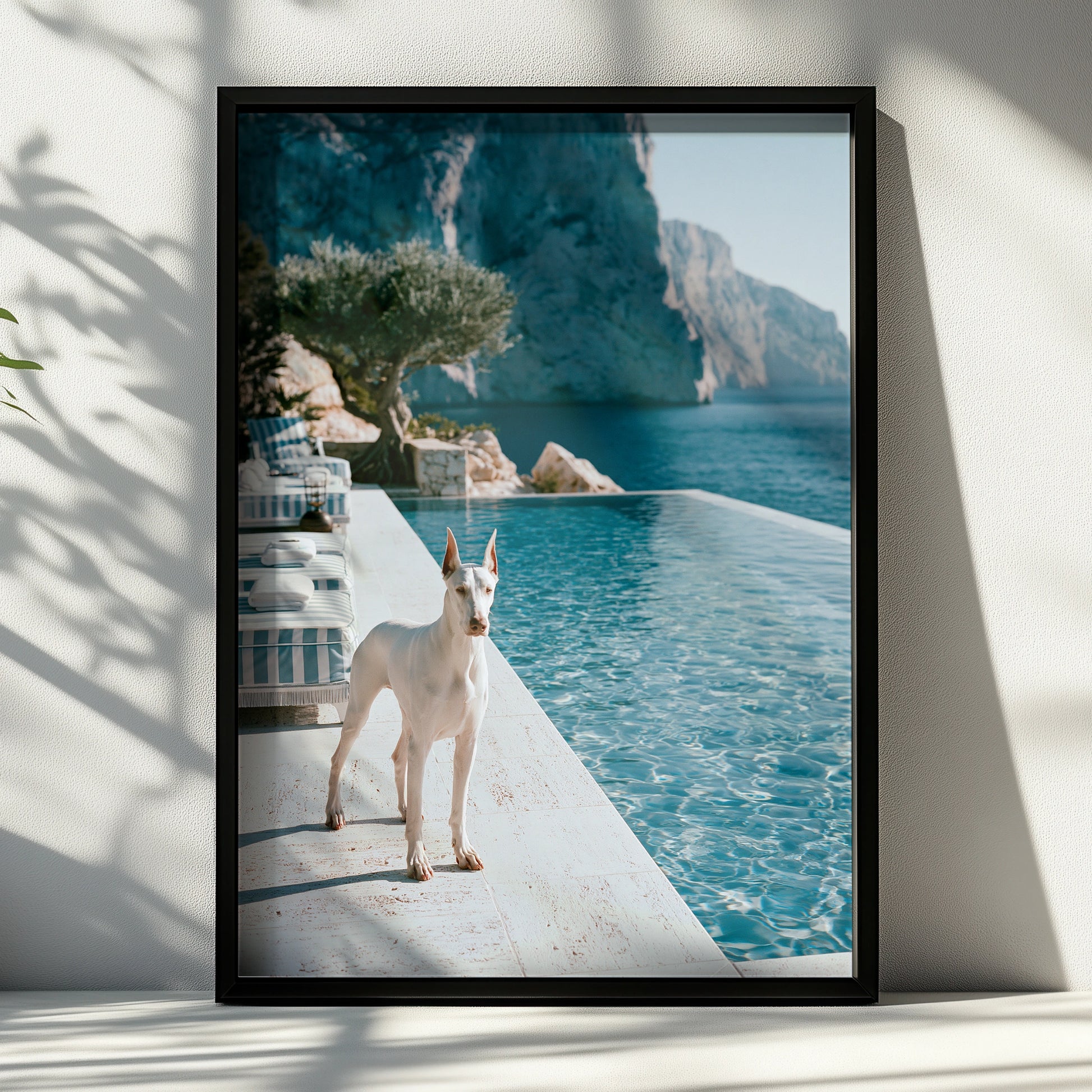 Dobermann Infinity Pool Poster, White Dog Mediterranean Cliffs, Luxury Print