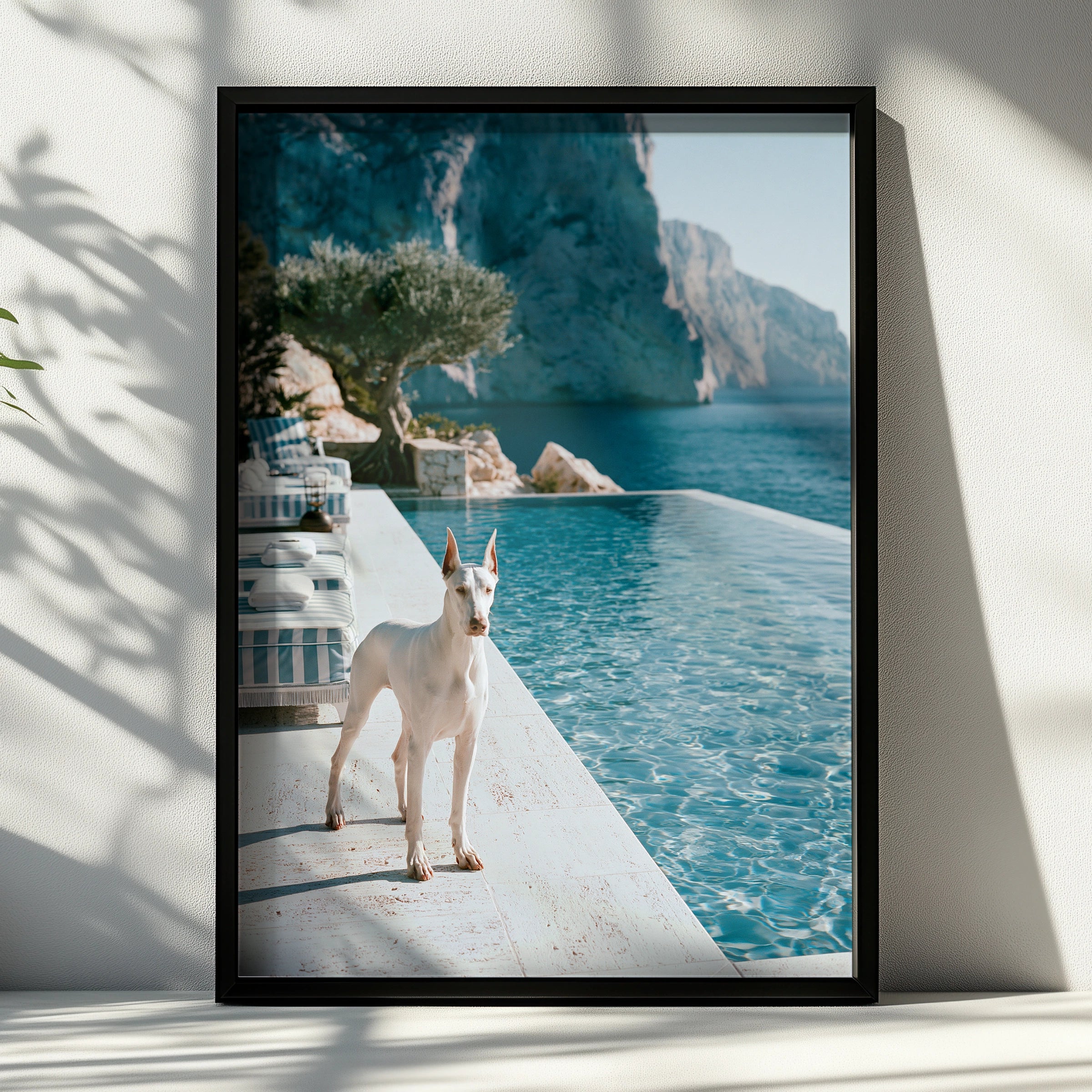 Dobermann Infinity Pool Poster, White Dog Mediterranean Cliffs, Luxury Print