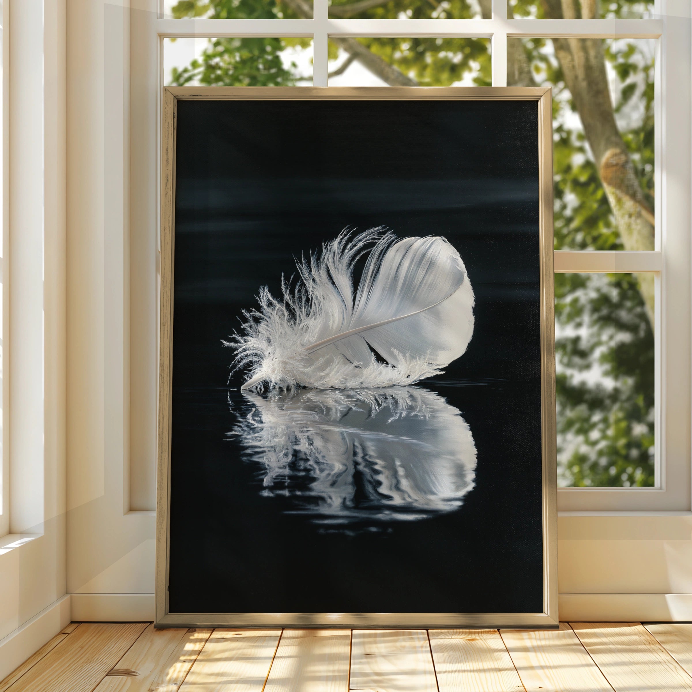 White Feather Reflection Wall Art Poster, Dark Moody Nature Print