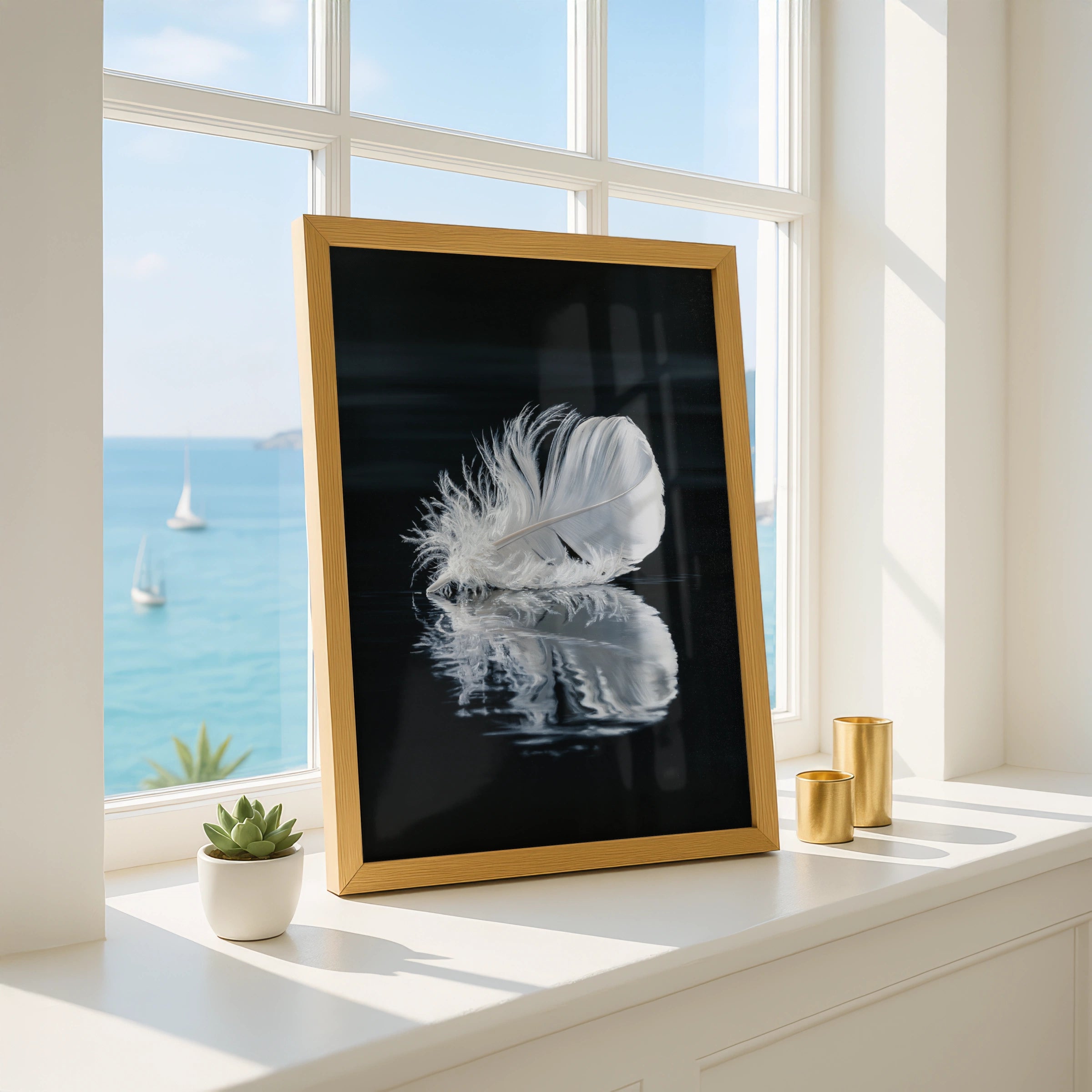 White Feather Reflection Wall Art Poster, Dark Moody Nature Print
