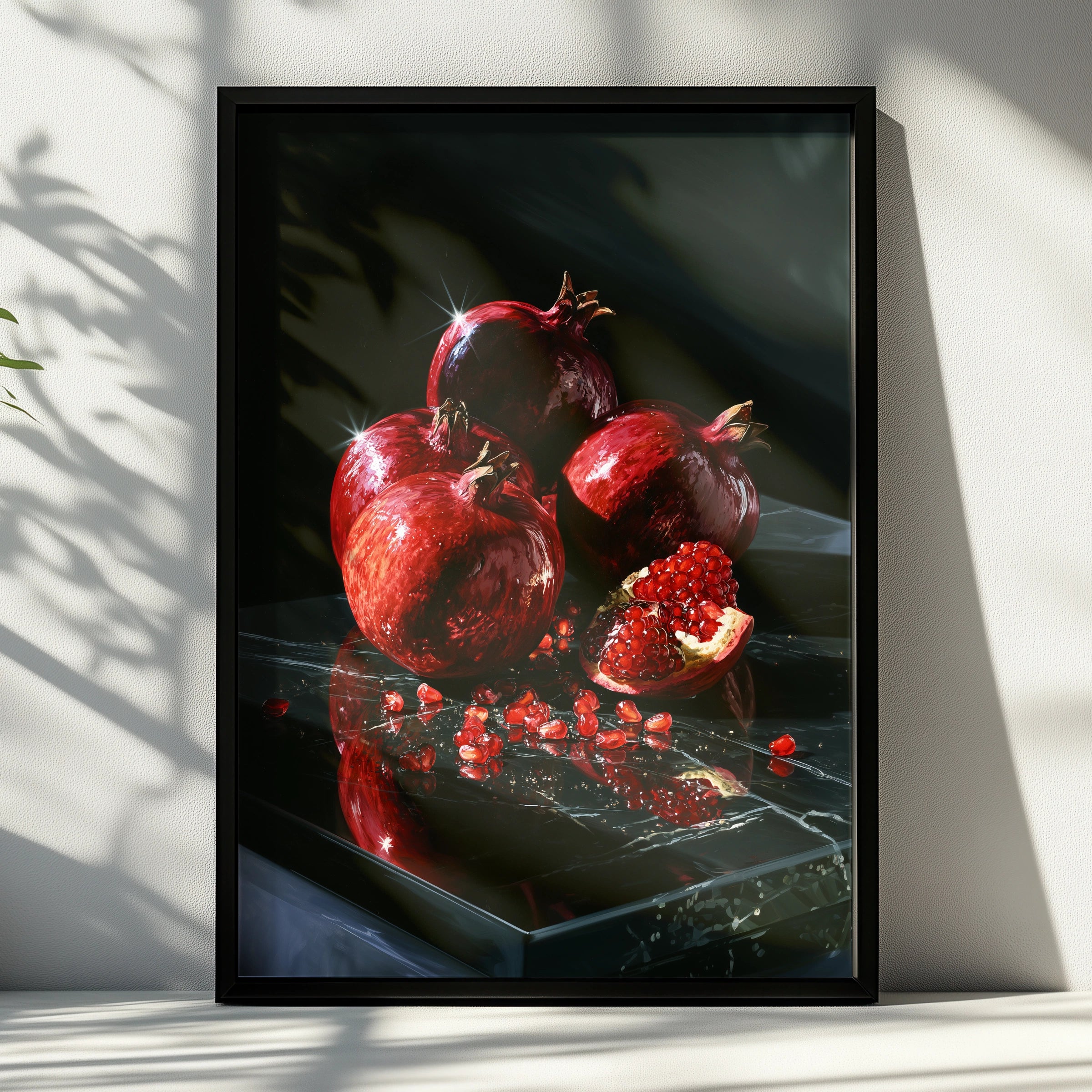 Pomegranate Still Life Poster, Dark Dramatic Fruit Wall Art, Red Black