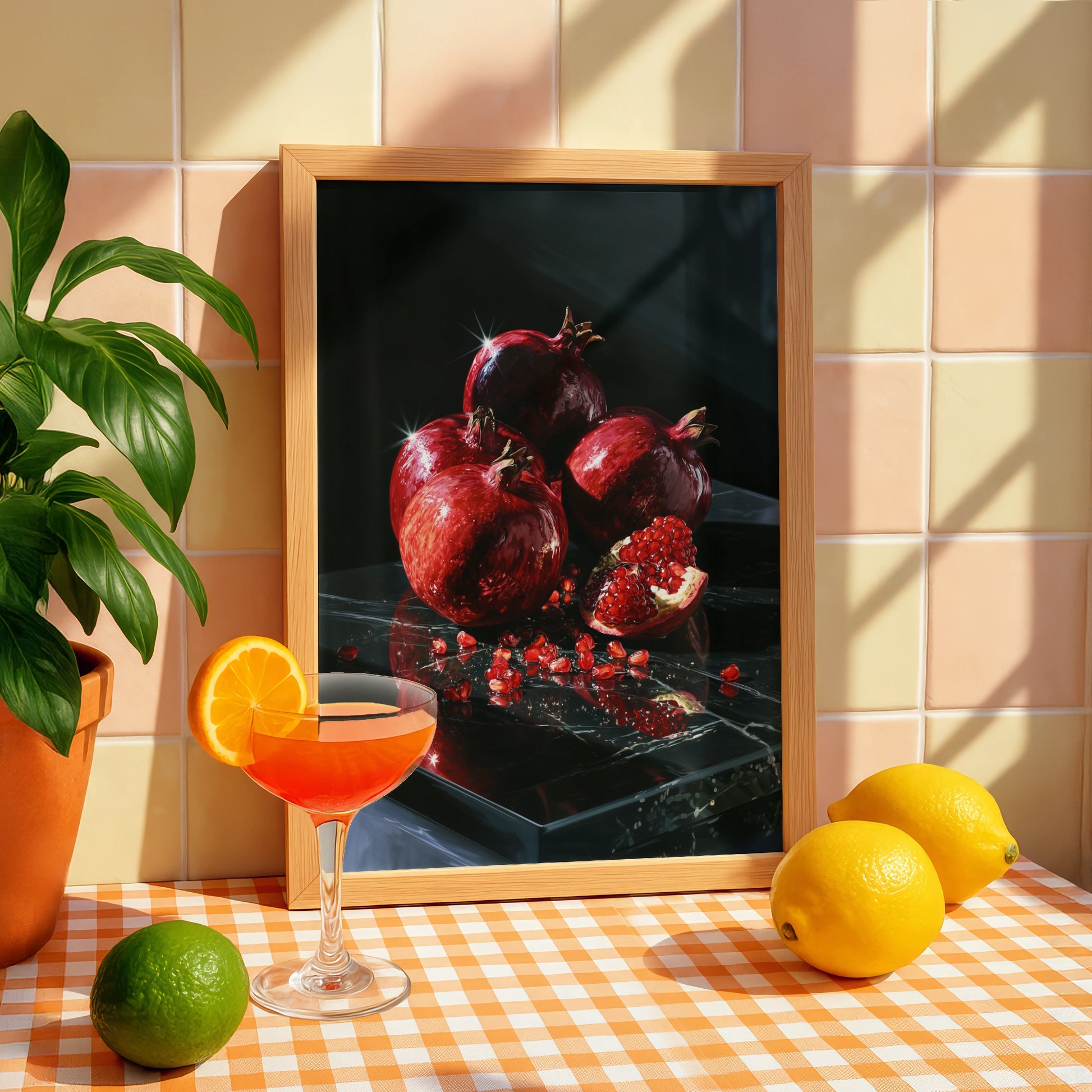 Pomegranate Still Life Poster, Dark Dramatic Fruit Wall Art, Red Black