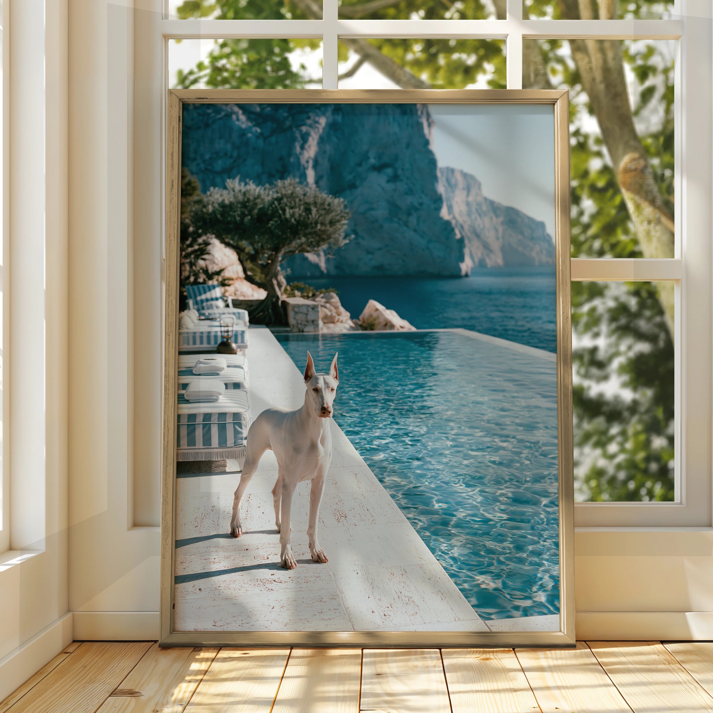 Dobermann Infinity Pool Poster, White Dog Mediterranean Cliffs, Luxury Print