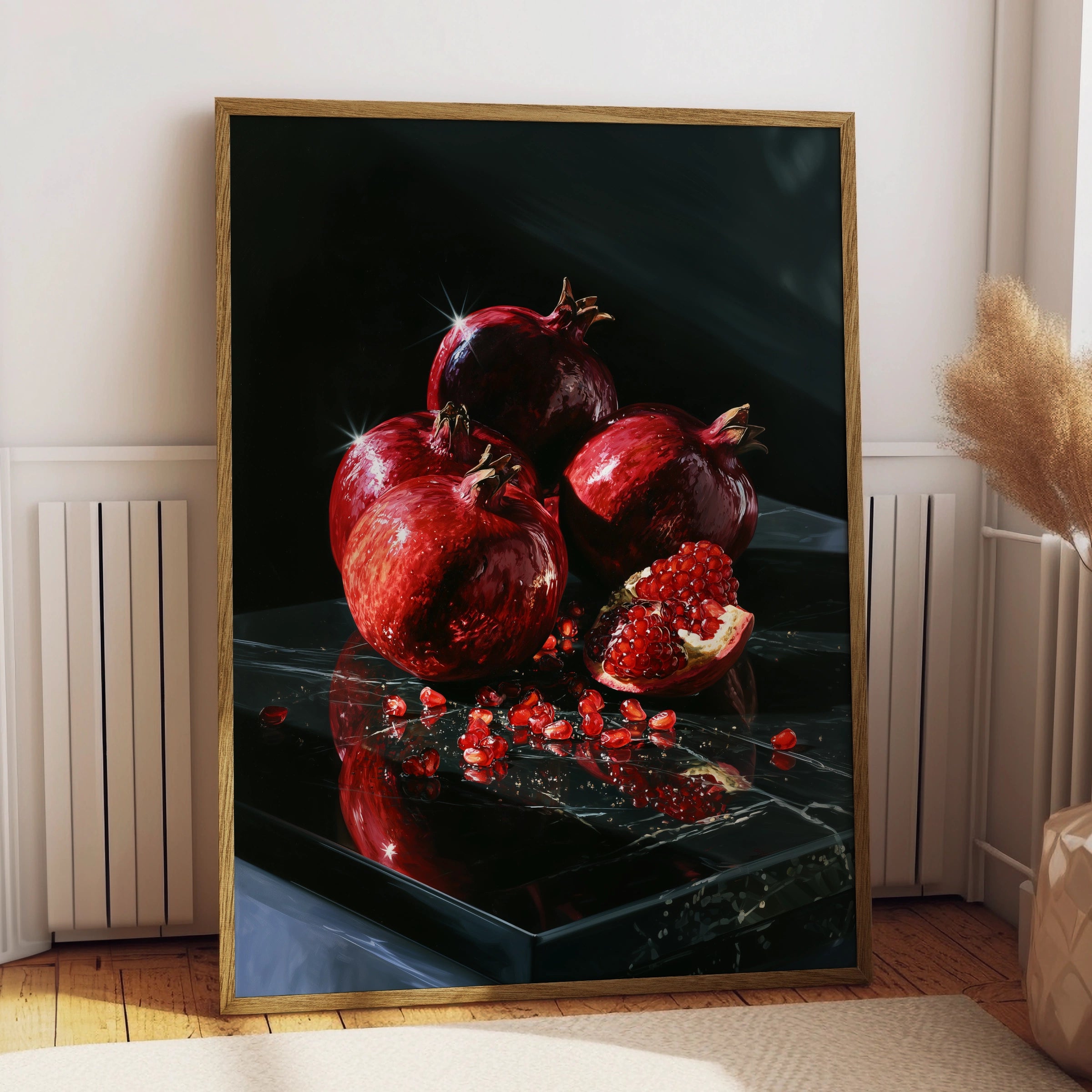 Pomegranate Still Life Poster, Dark Dramatic Fruit Wall Art, Red Black