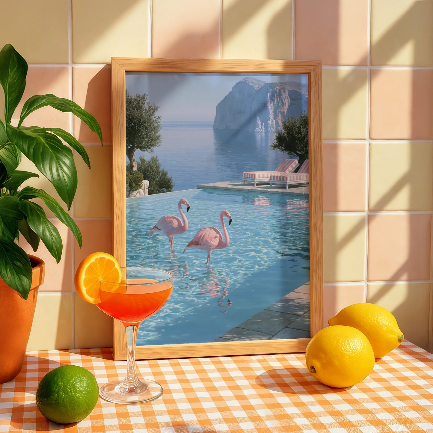 Flamingos in Infinity Pool, Mediterranean Cliff View, Wall Art Poster