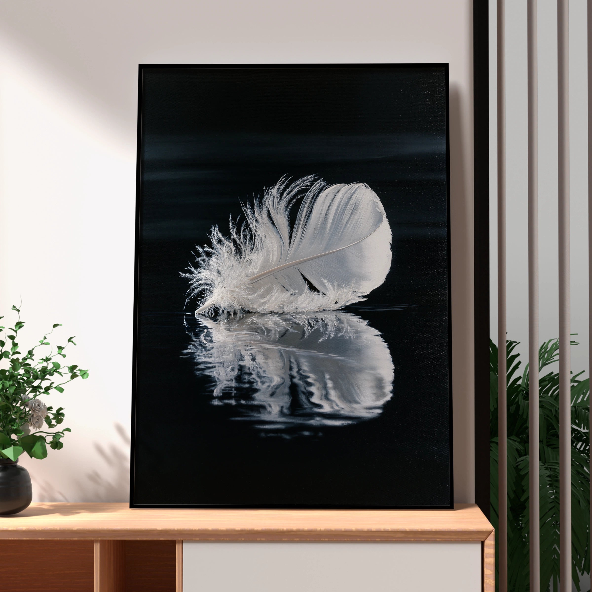 White Feather Reflection Wall Art Poster, Dark Moody Nature Print