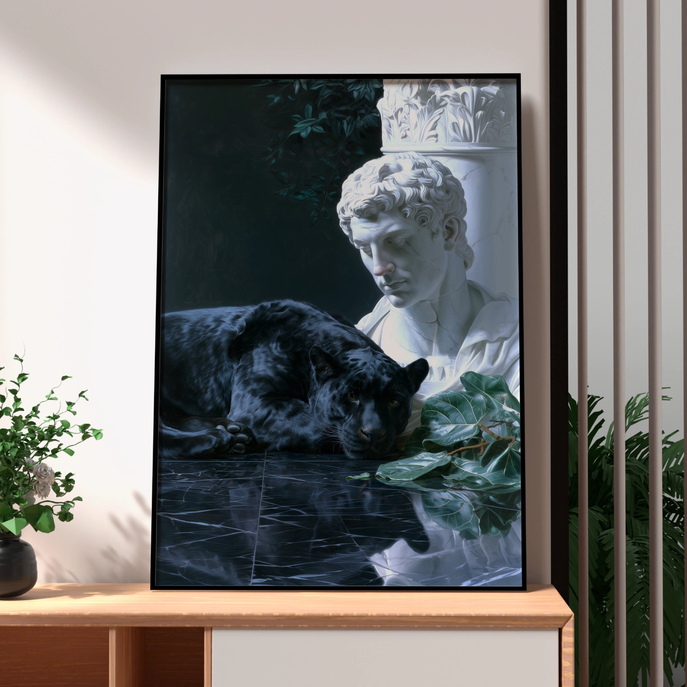 Black Panther Statue Poster, Greek Bust Marble Art Print, Dark Moody Wall Art