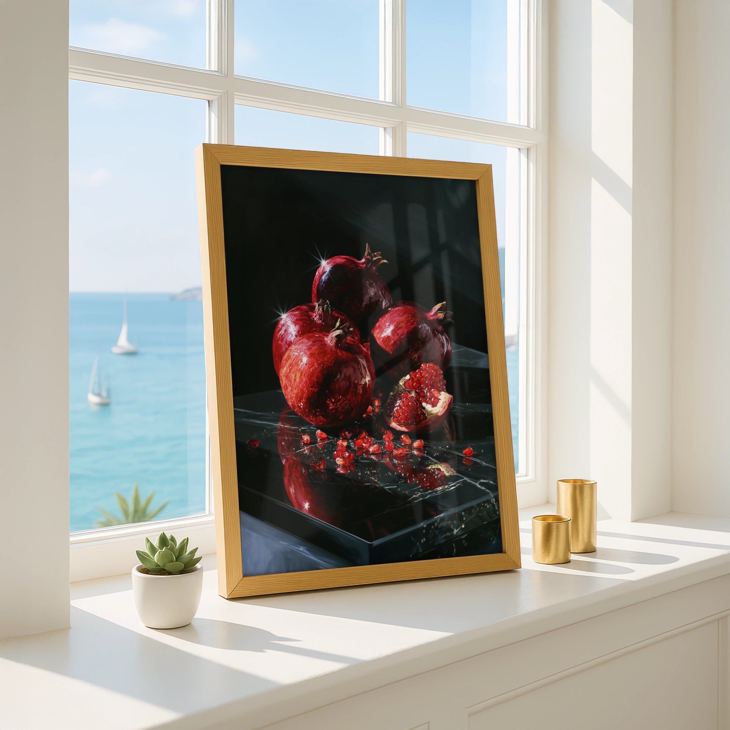 Pomegranate Still Life Poster, Dark Dramatic Fruit Wall Art, Red Black