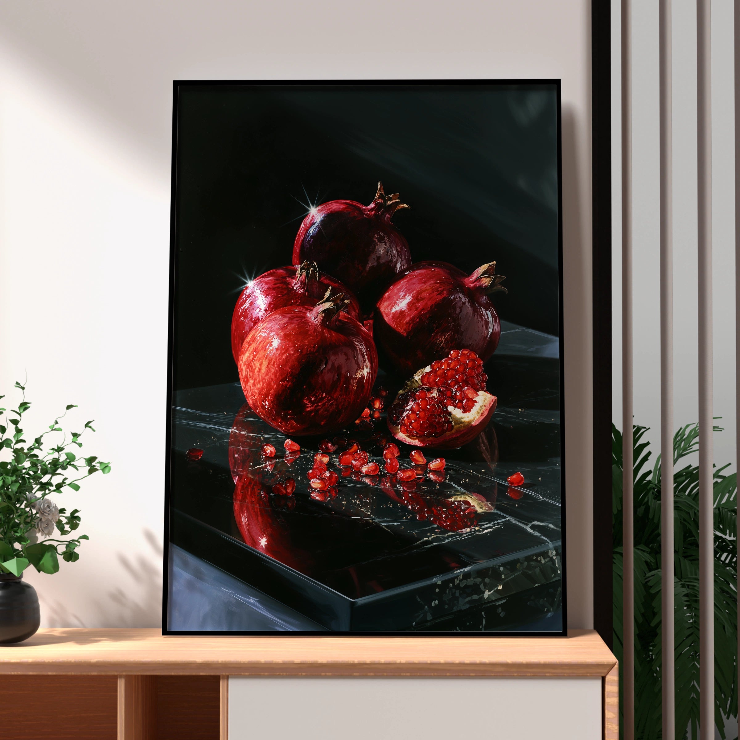 Pomegranate Still Life Poster, Dark Dramatic Fruit Wall Art, Red Black