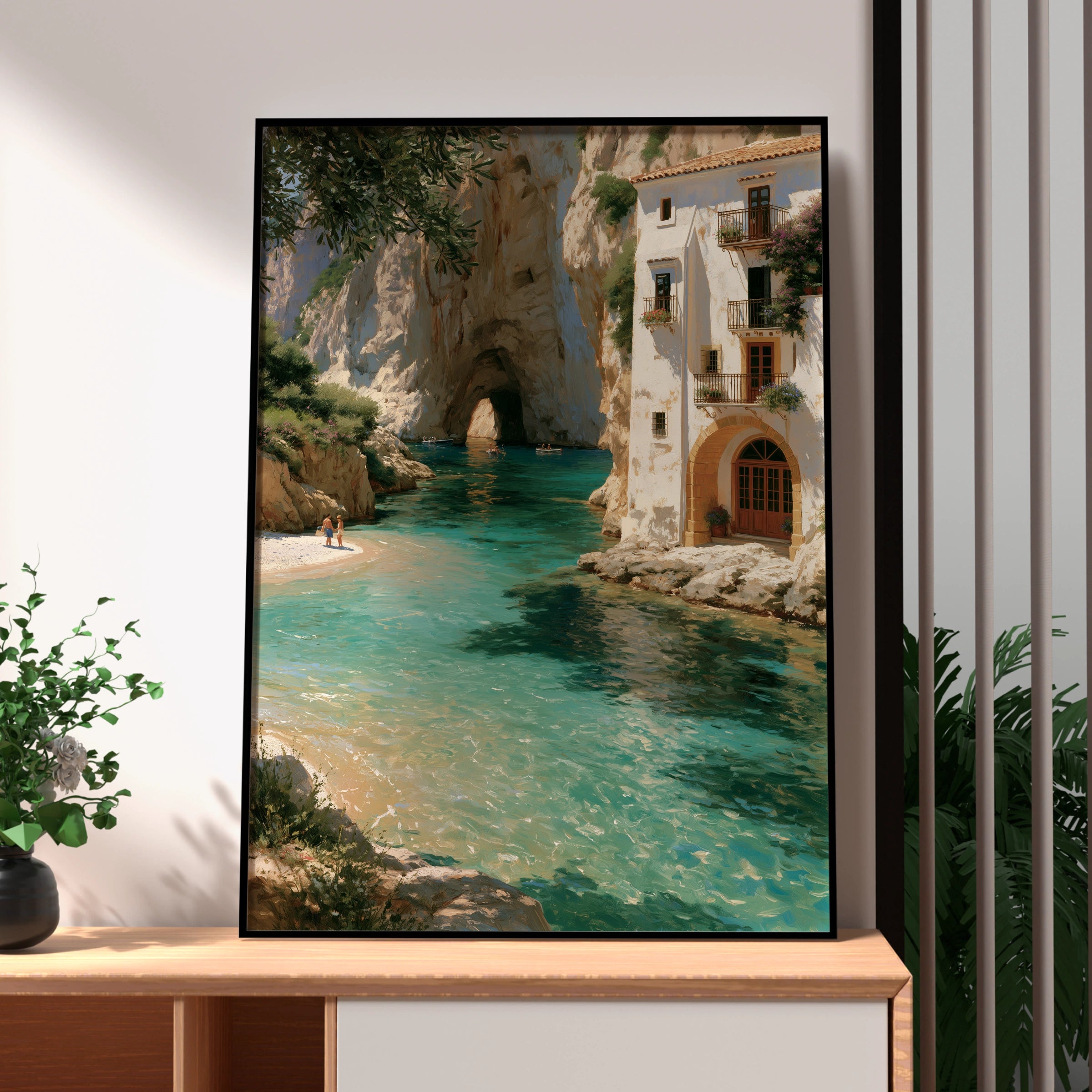 Mediterranean Cove Poster, Turquoise Sea Cliff Villa, Coastal Wall Art Print