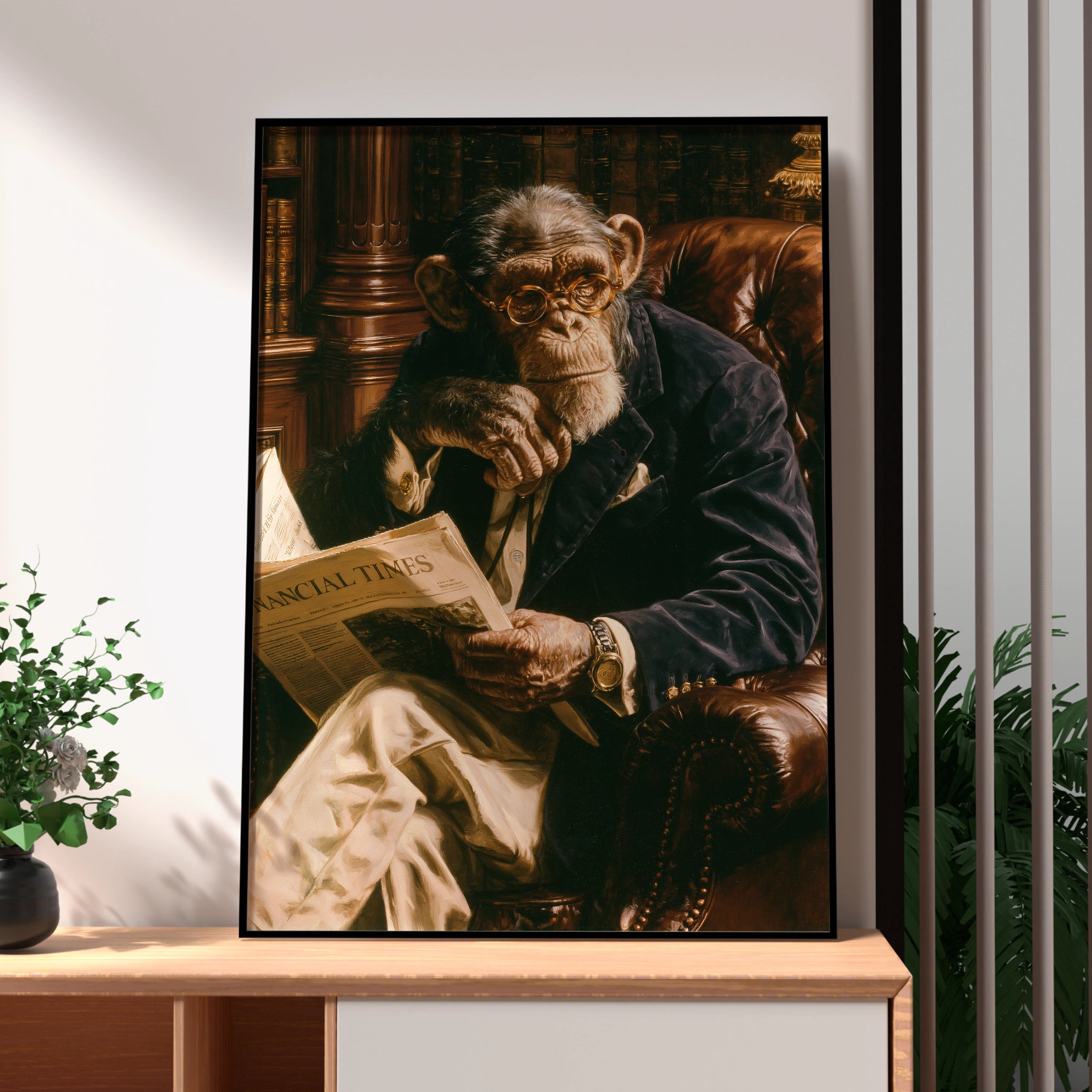 Monkey Reading Newspaper Poster, Chimp in Suit Library Wall Art Print