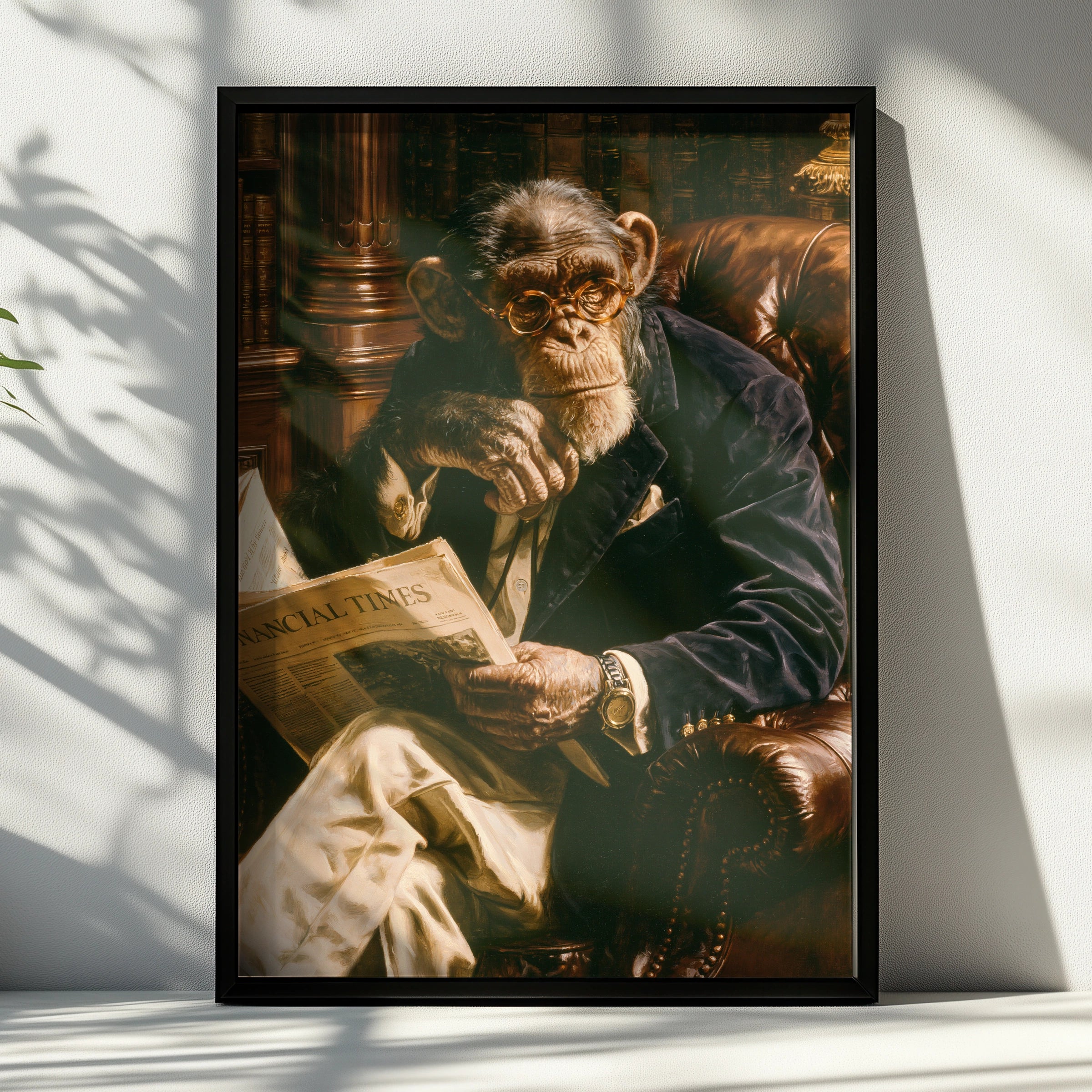 Monkey Reading Newspaper Poster, Chimp in Suit Library Wall Art Print