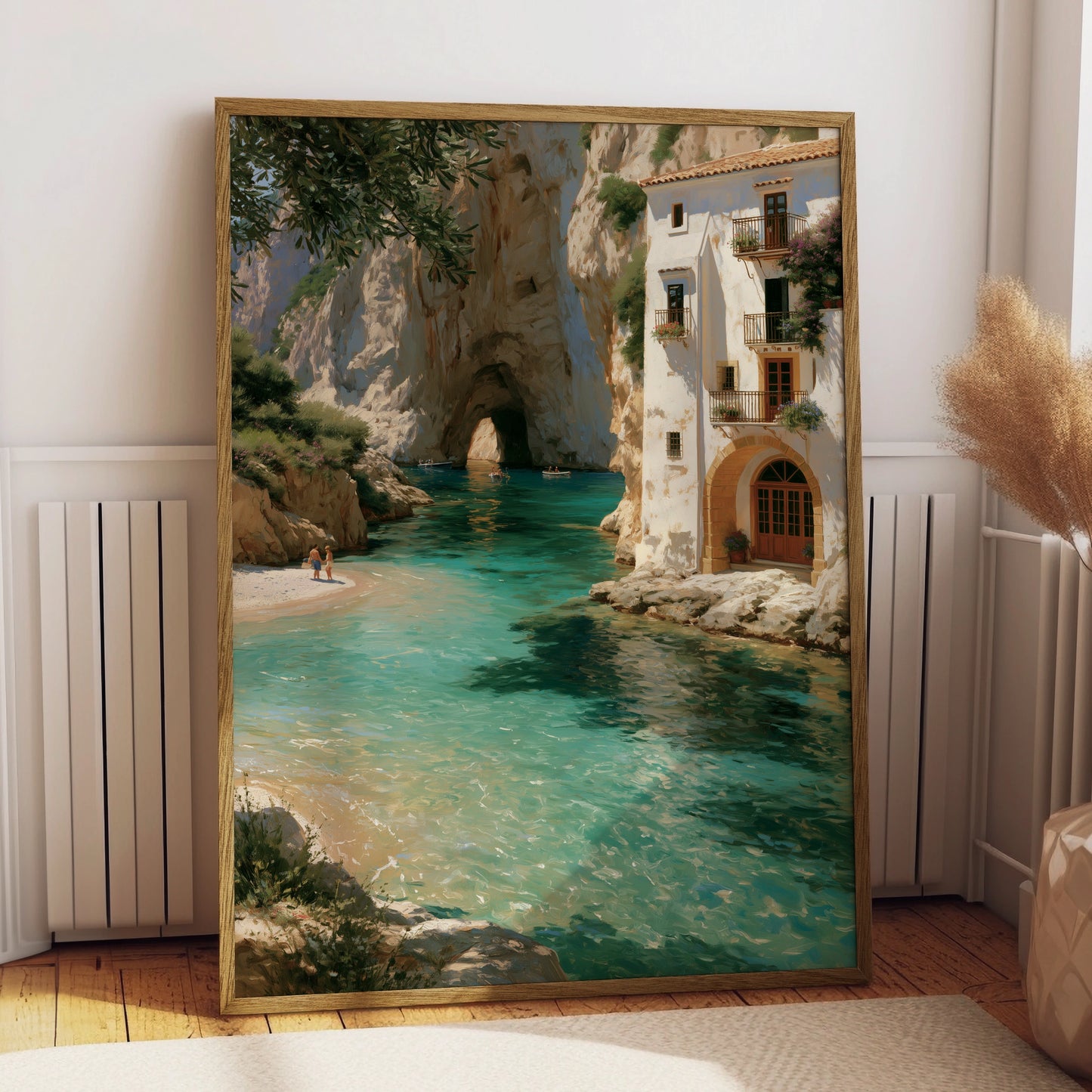 Mediterranean Cove Poster, Turquoise Sea Cliff Villa, Coastal Wall Art Print