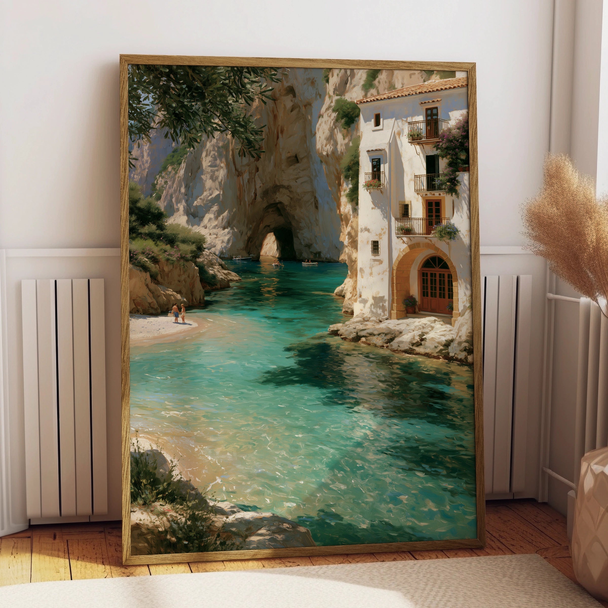 Mediterranean Cove Poster, Turquoise Sea Cliff Villa, Coastal Wall Art Print