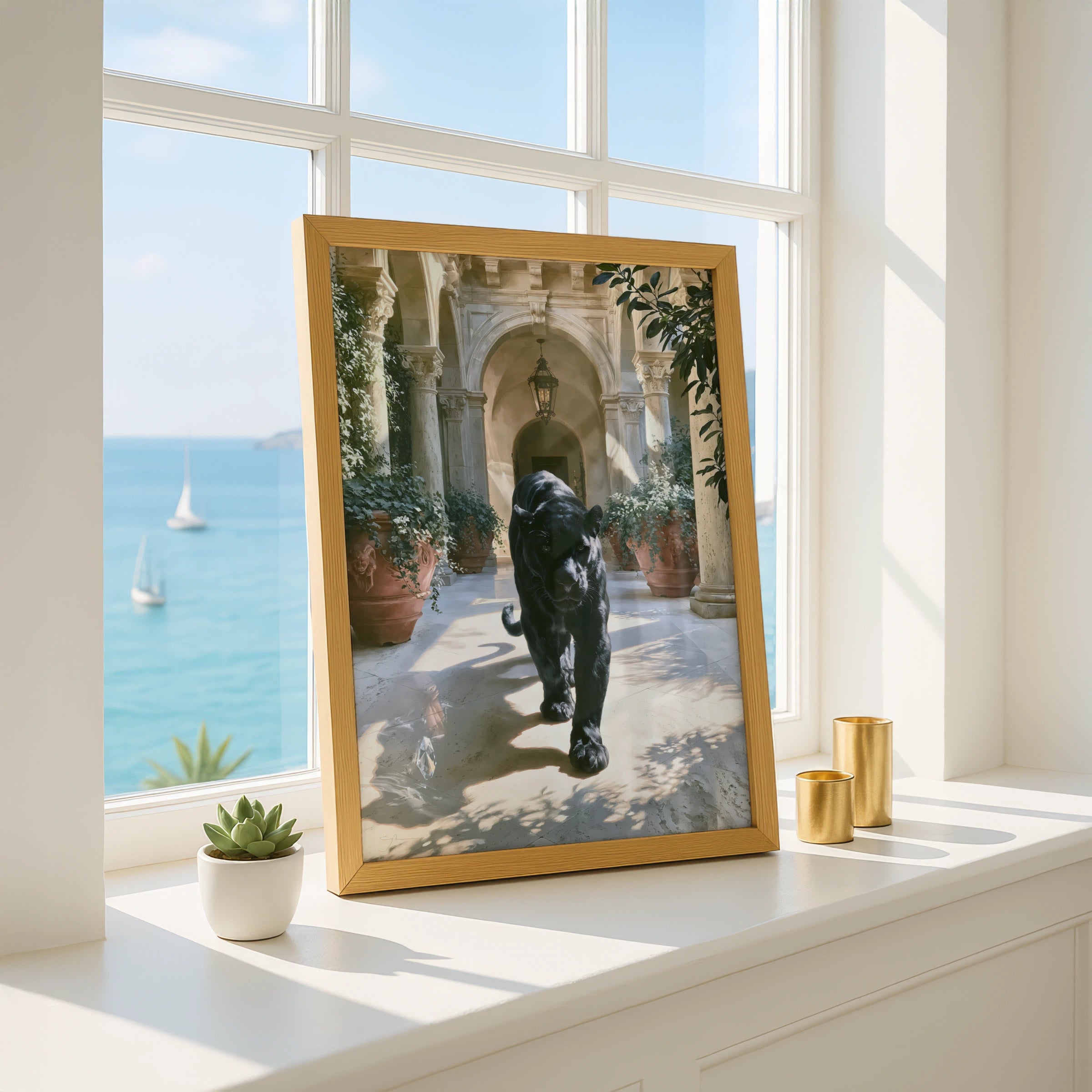 Black Panther Italian Villa Poster, Marble Courtyard, Luxury Animal Wall Art
