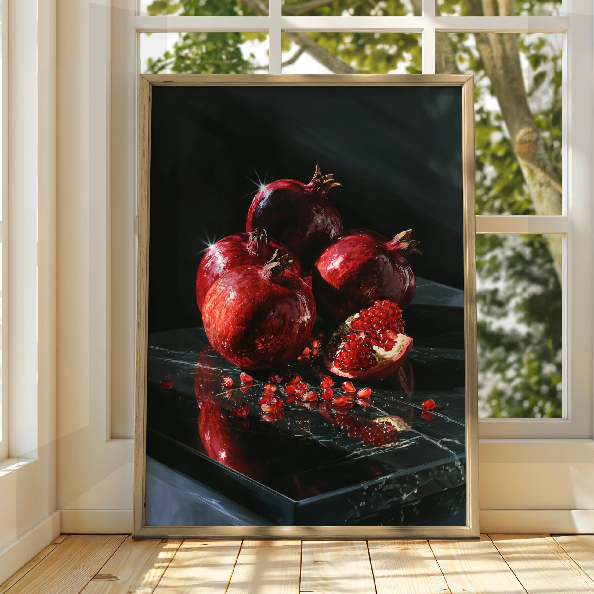 Pomegranate Still Life Poster, Dark Dramatic Fruit Wall Art, Red Black