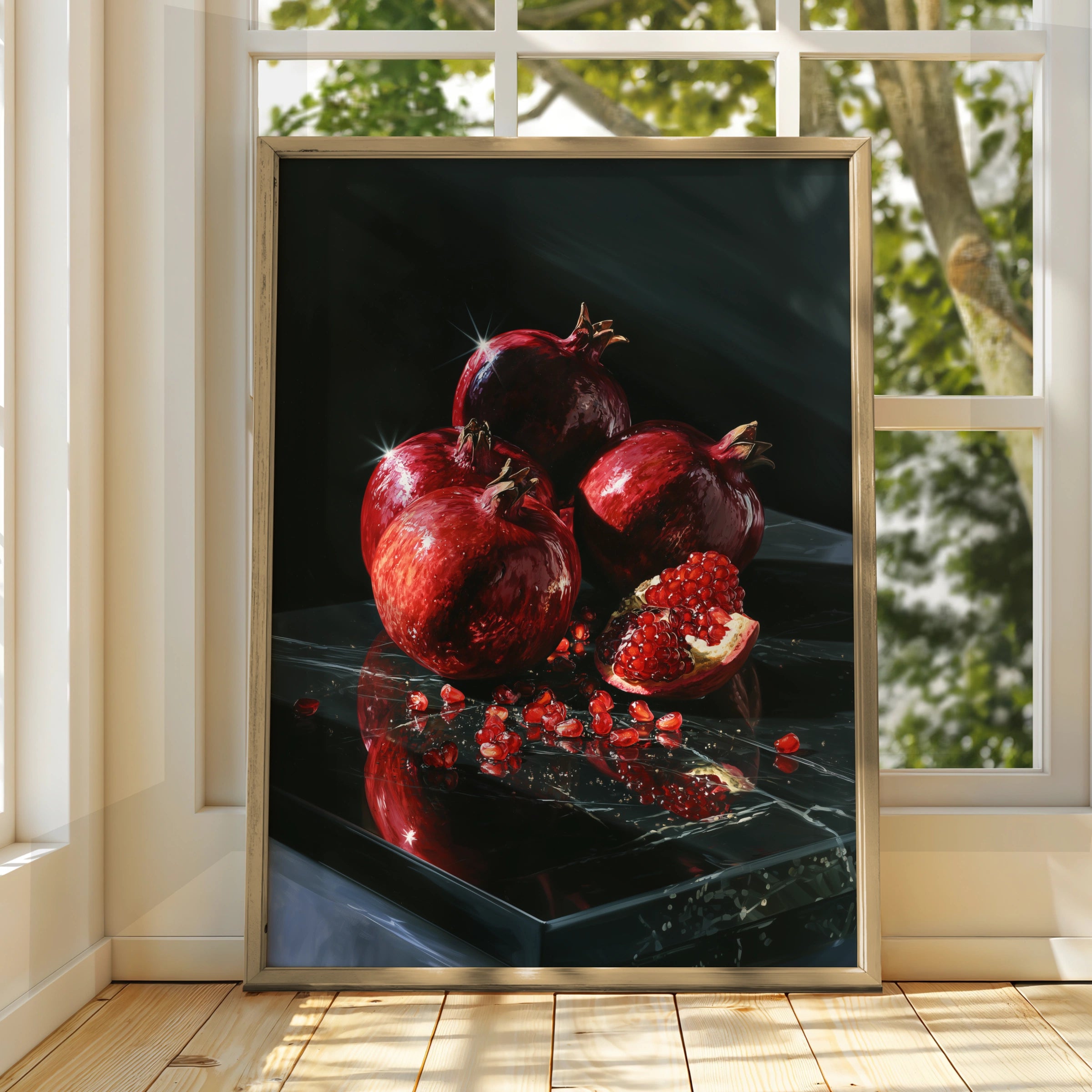 Pomegranate Still Life Poster, Dark Dramatic Fruit Wall Art, Red Black