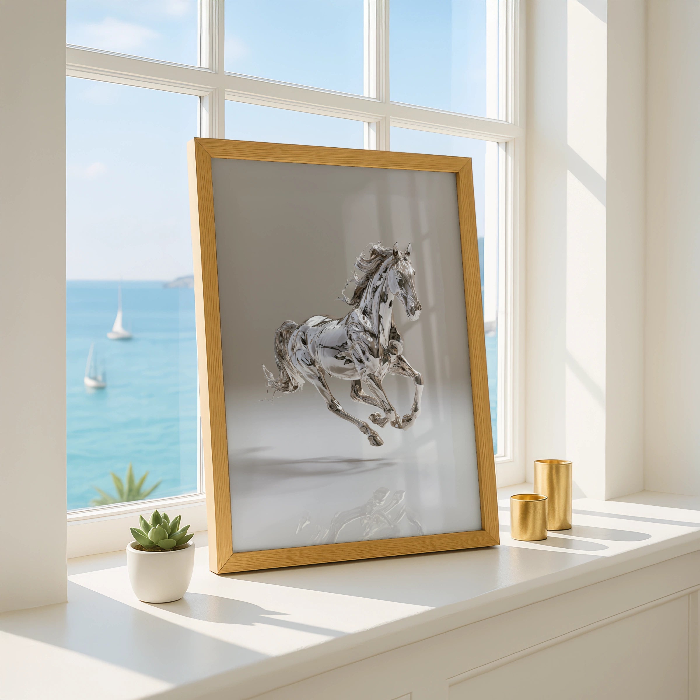 Chrome Horse Poster, Silver Metallic Running Horse, Modern Wall Art Print