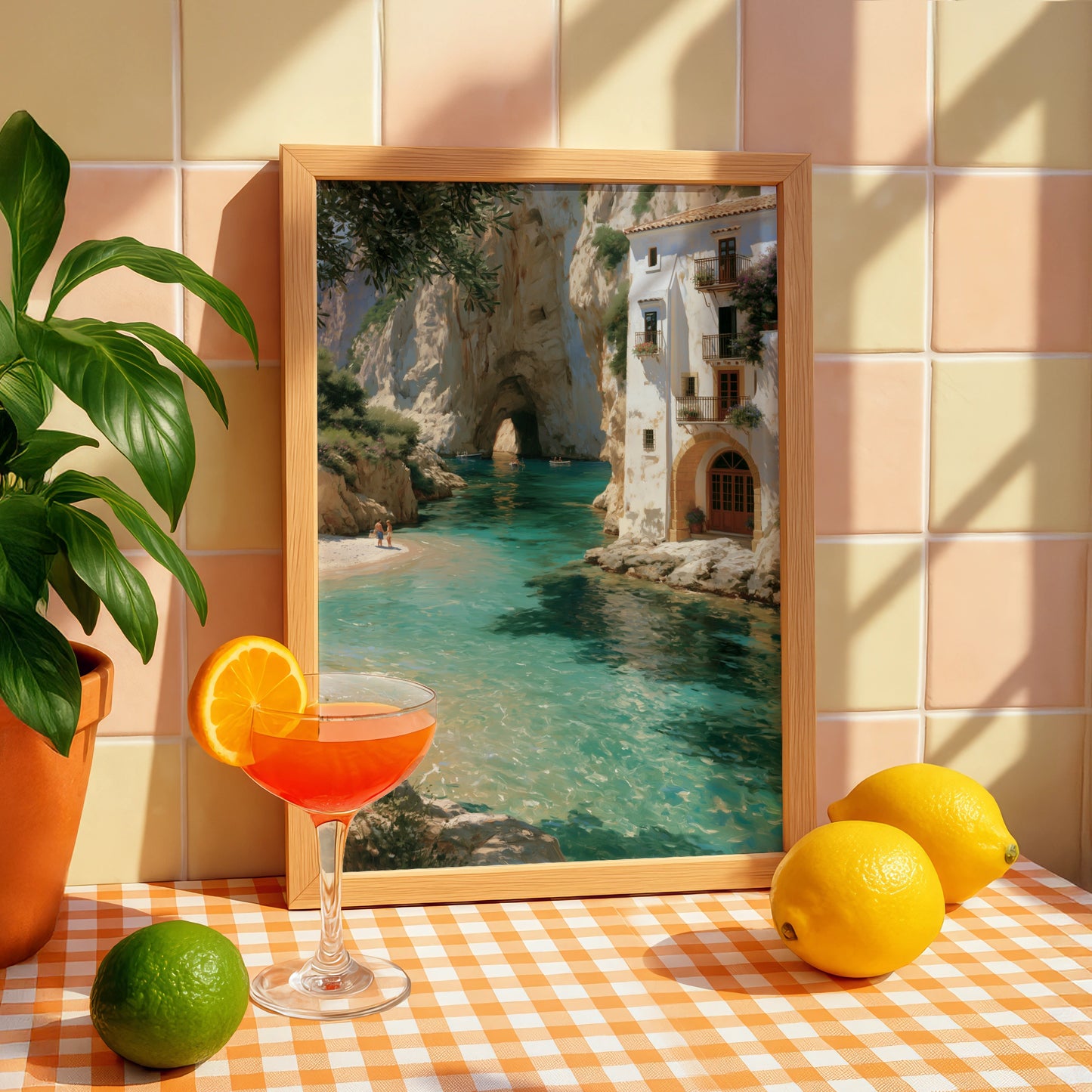 Mediterranean Cove Poster, Turquoise Sea Cliff Villa, Coastal Wall Art Print