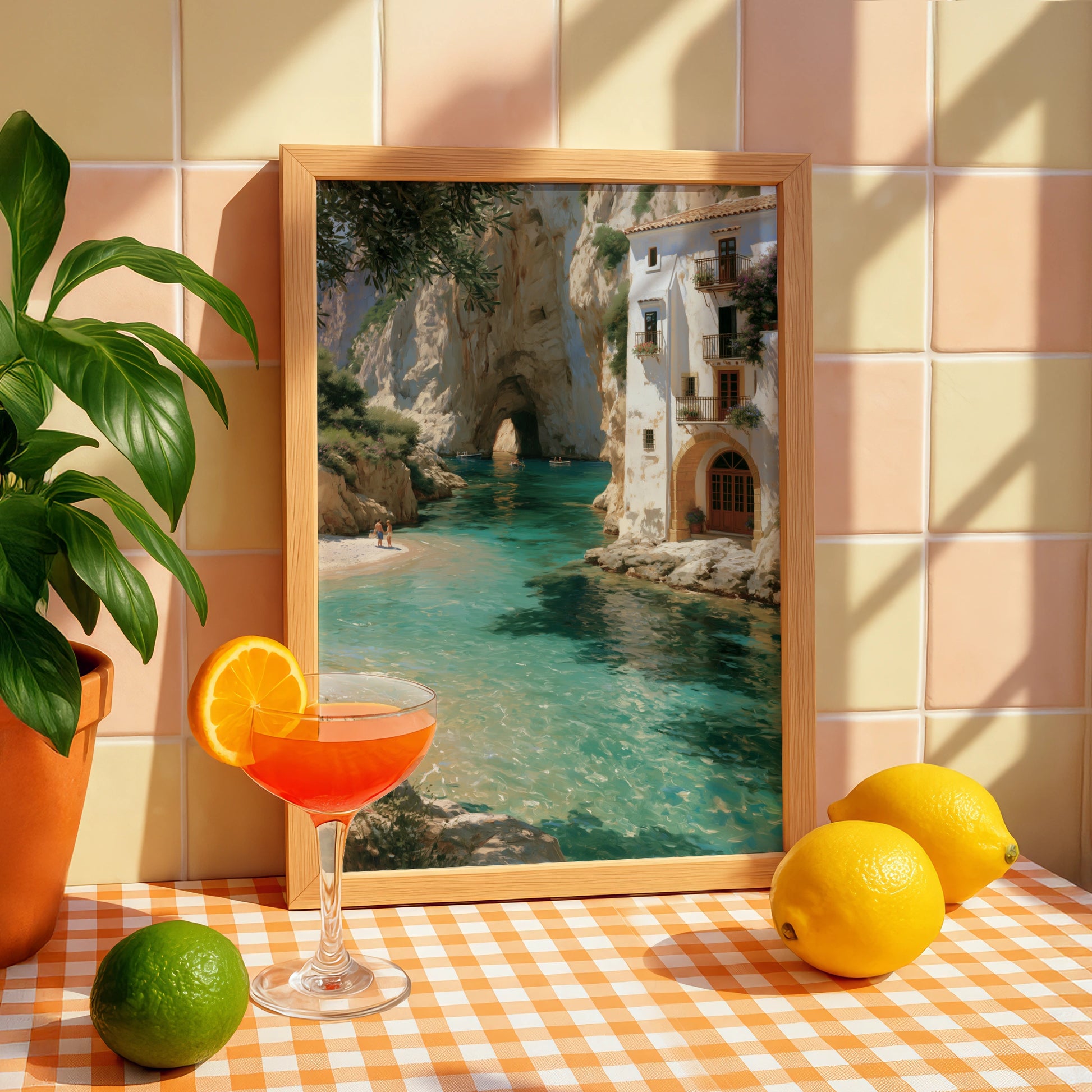 Mediterranean Cove Poster, Turquoise Sea Cliff Villa, Coastal Wall Art Print
